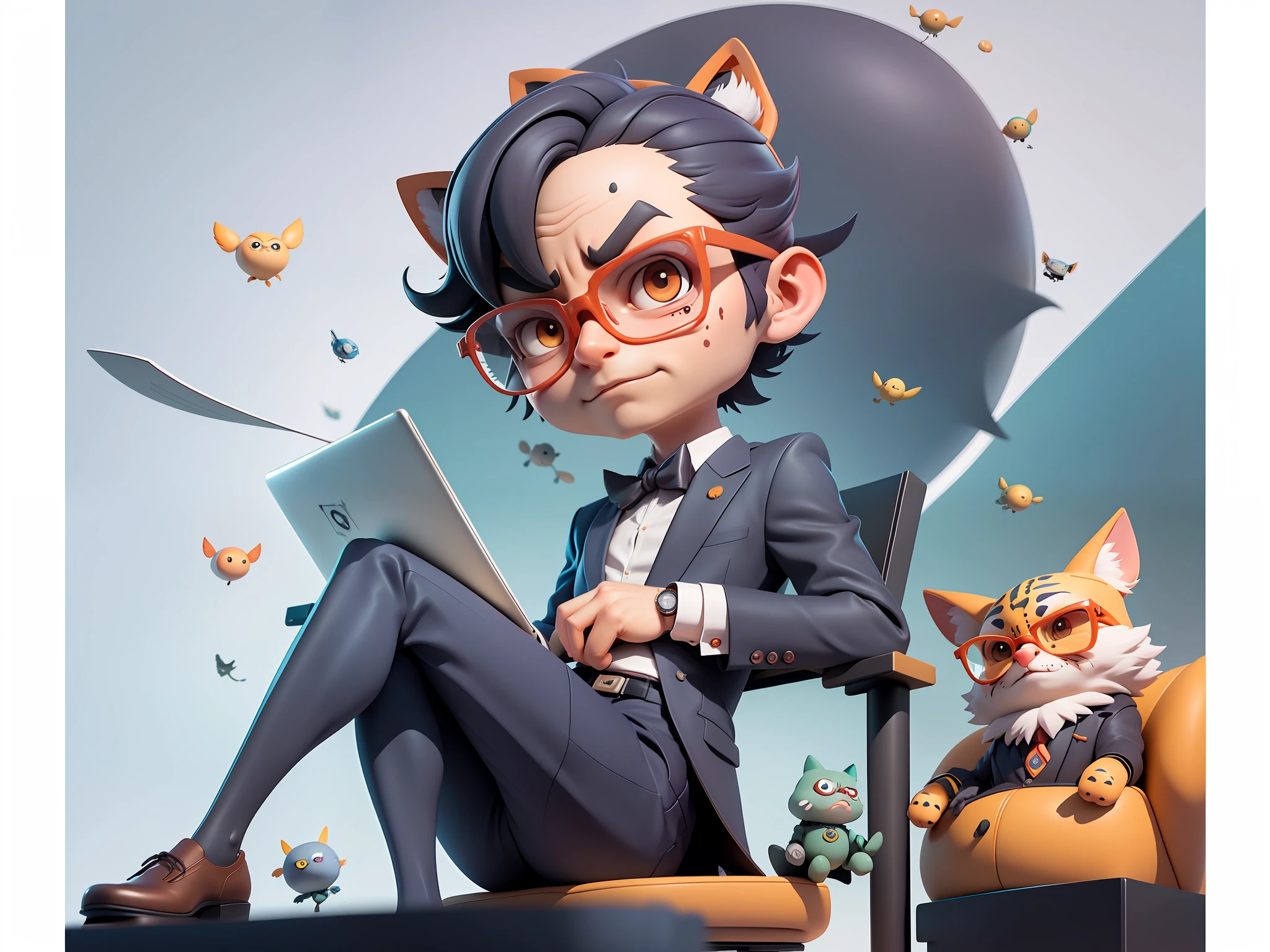 A young man in a suit, Short hair and glasses sat at his desk,holding laptop,digitial painting,tigre,3D character design by Mark Clairen and Pixar and Hayao Miyazaki and Akira Toriyama,4K HD illustration,Very detailed facial features and cartoon-style visuals。