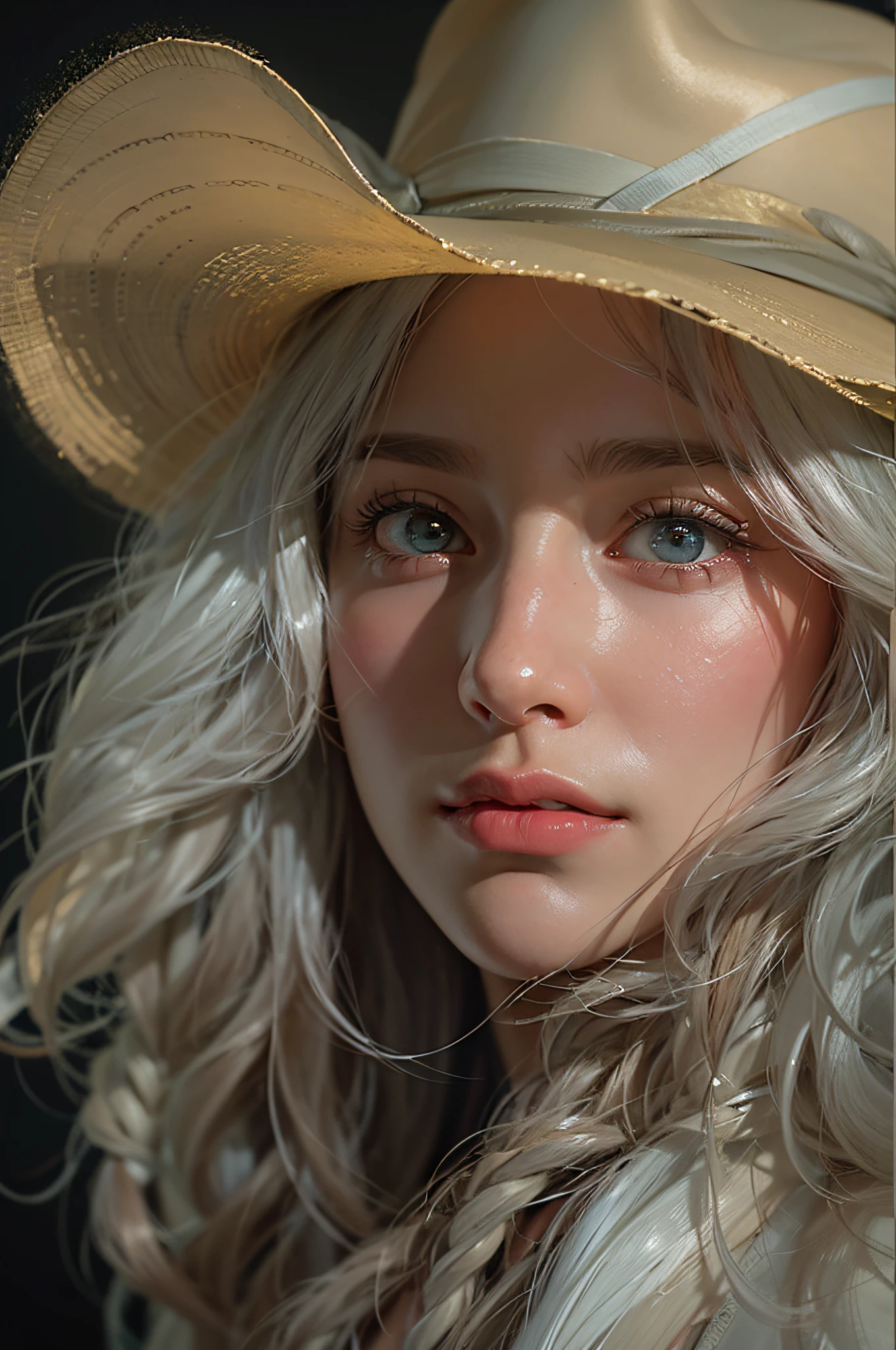 Hyperrealist portrait of female by david hockney and alphonse mucha,fantasy art, photo realistic, dynamic lighting, artstation, poster, volumetric lighting, very detailed faces, 4 k, award winning,, 1girl, in the dark, deep shadow, low key,cowboy shot,(official clothing:1.4) ,long hair,white hair,