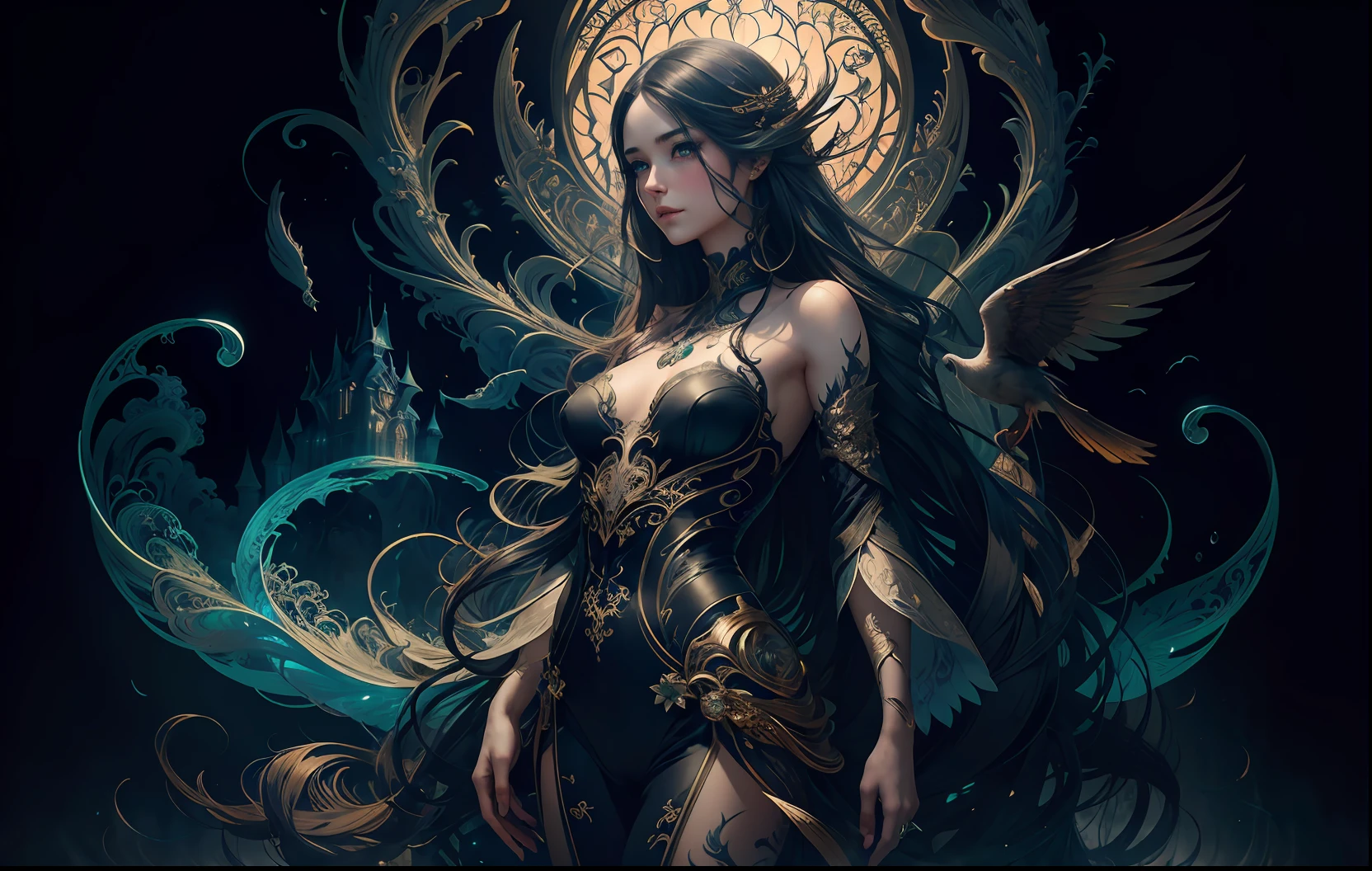 (masterpiece, best quality, absurdres, intricate), fantasy, (woman, extremely delicate and beautiful, looking at viewer, (floating long hair)), (standing over tiny village), colorhalf00d, fog, smoke, haunting, spooky, creepy, dark themed, 8k GC wallpaper, Trending on artstation, octance render, unreal engine, volumetrics dtx, award winning digital art, ink, official art, painting by anna dittmann,