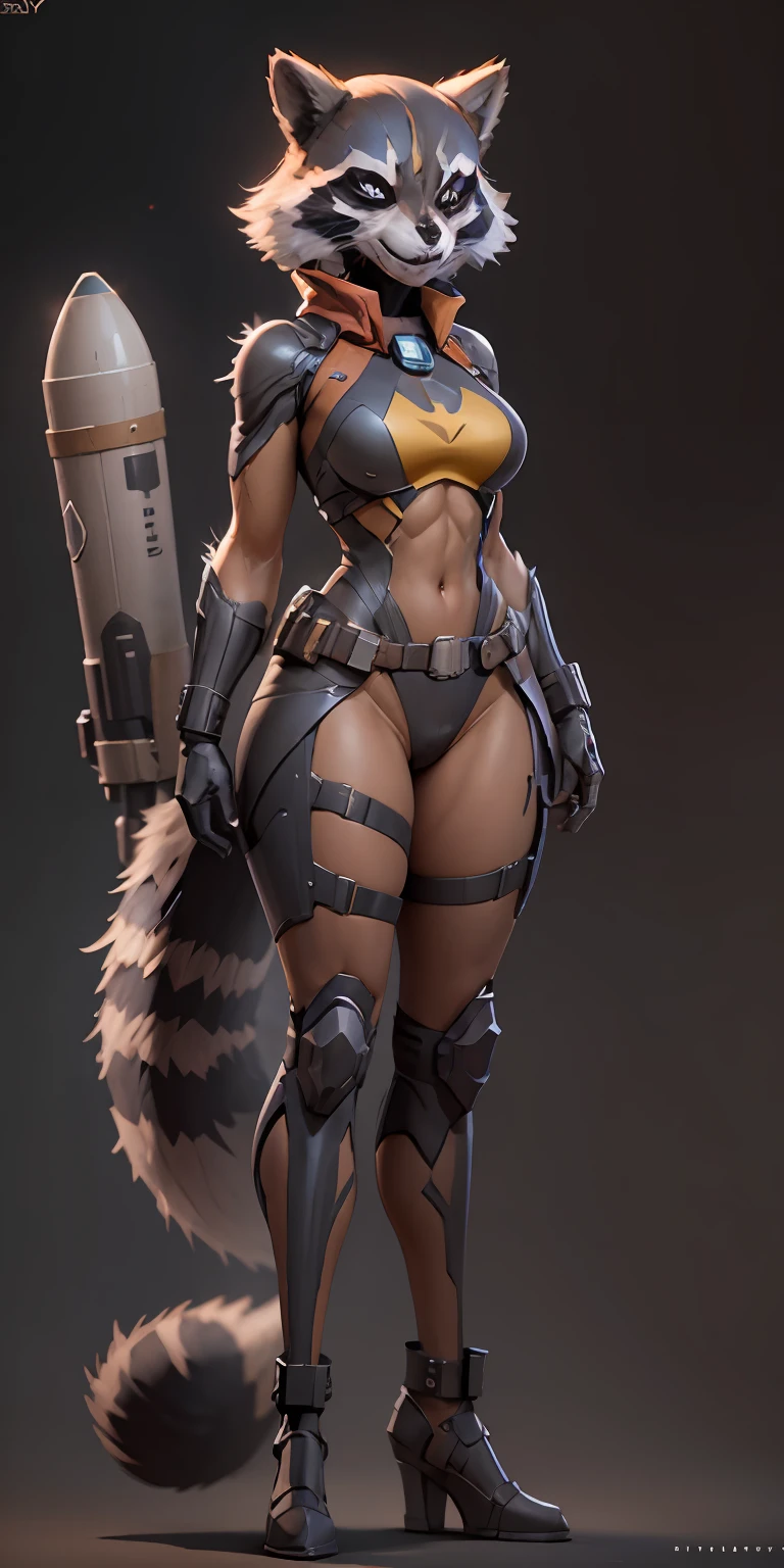 female Rocket Raccoon from Marvel, big breasts, frontal, full-length, looking at the camera, facing the audience, standing pose, simple background, three-dimensional light, detailed full-body concept, sleek digital concept art, beautiful full-body concept art, art trend, CGsociety full-length,