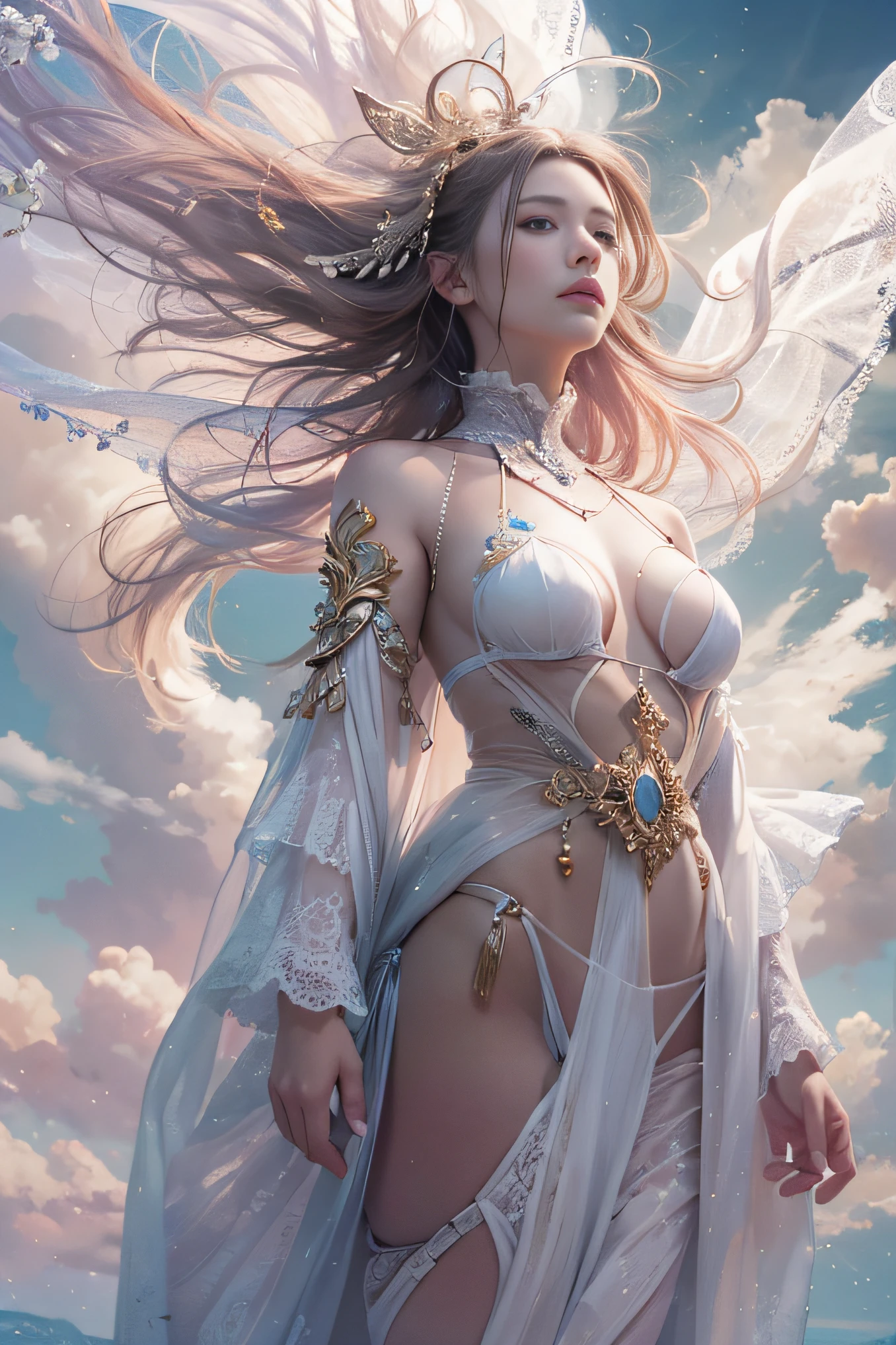 1girl in, surrealism, Verism, depth of fields, half tone, nffsw, Anatomically correct, Textured skin, awardwinning, Best Quality, Super Detail, hight resolution, 8K,God of Heaven、Outside the Sky、Heavenly daughter, Celestial Robe,Heavenly Man々is said to fly in the sky wearing it、(Light and beautiful clothing made of bird feathers)、Beautiful face, Detail Face、(Translucent celestial robe:1.5)、(NSFW)、FULL BODYSHOT、Deities々Right、Floating in the air in a standing position、