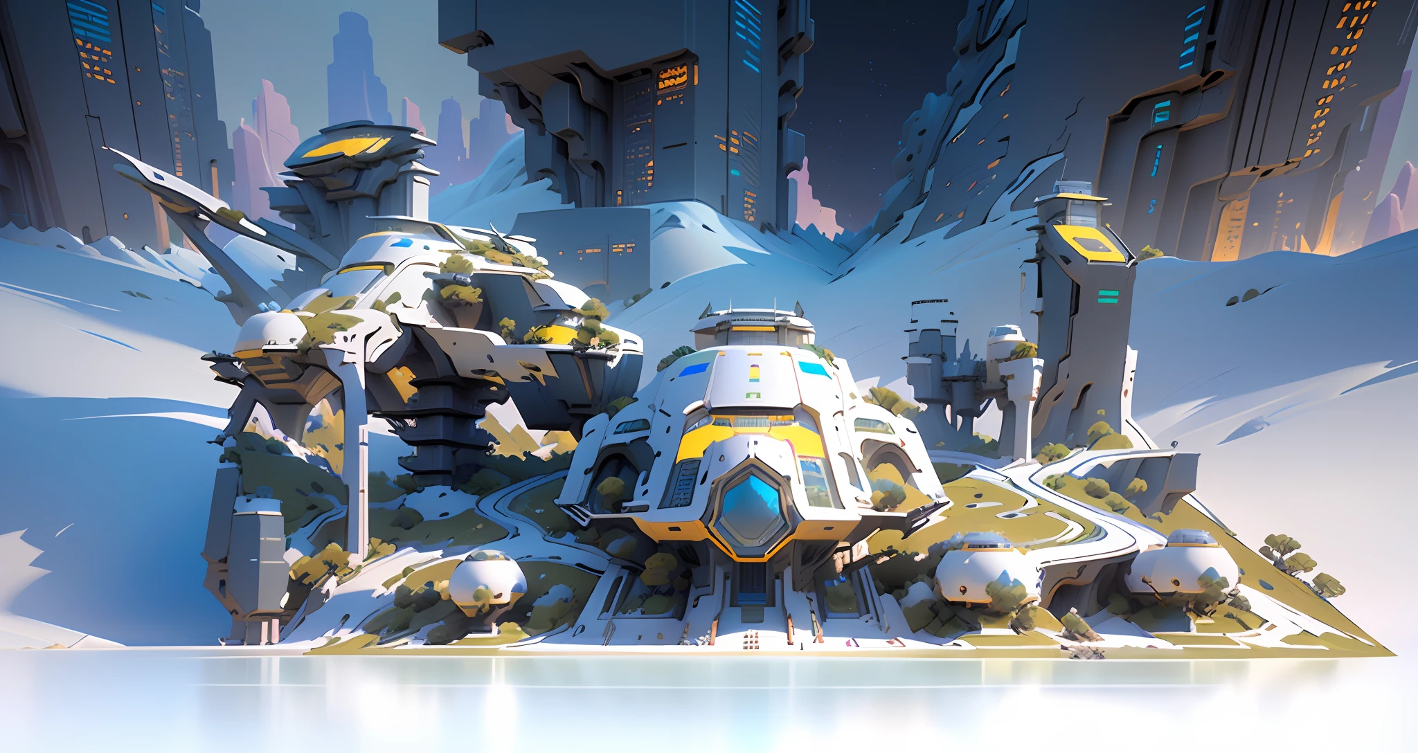 futuristic city with a futuristic robot and a futuristic city in the background, background of digital greebles, 3 d render of a scifi spaceport, raytraced 3d set design, highly detailed vfx scene, futuristic production facility, depicted as a 3 d render, futuristic scientific laboratory, future science fiction. game cg, hyper detailed 3d render, hyper detailed 3 d render