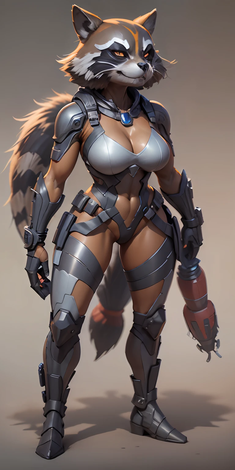female Rocket Raccoon from Marvel, big breasts, frontal, full-length, looking at the camera, facing the audience, standing pose, simple background, three-dimensional light, detailed full-body concept, sleek digital concept art, beautiful full-body concept art, art trend, CGsociety full-length,