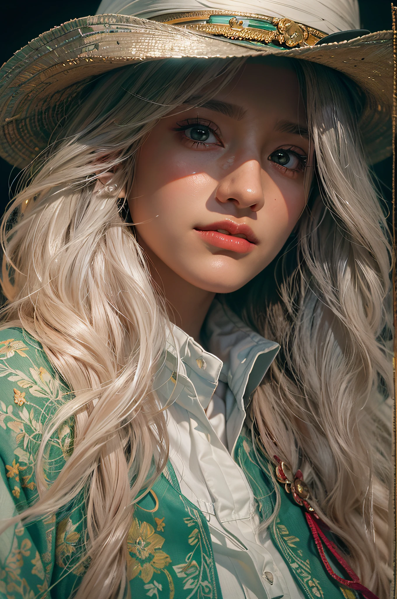 Hyperrealist portrait of female by david hockney and alphonse mucha,fantasy art, photo realistic, dynamic lighting, artstation, poster, volumetric lighting, very detailed faces, 4 k, award winning,, 1girl, in the dark, deep shadow, low key,cowboy shot,(official clothing:1.4) ,long hair,white hair,