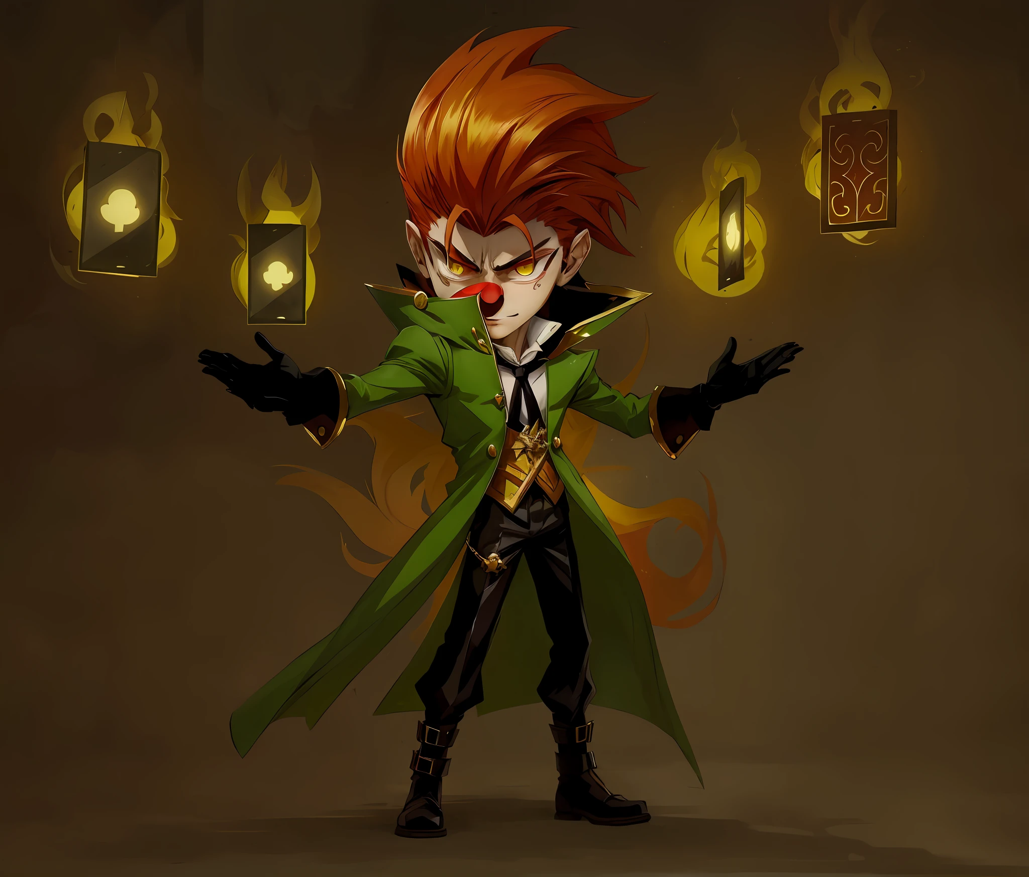 Anime character with red hair and green coat holding a lit lantern, Art des personnages de Maple Story, Dapper Dream Demon, Kakyoïn, Evil male wizard, Advanced Digital Chibi Art, evil wizard, Pose of the villain, Style League of Legends, Portrait du professeur Sinister, Partie Brando, Evil alchemist gnome, Art de style League of Legends, inspired by Luigi Kasimir