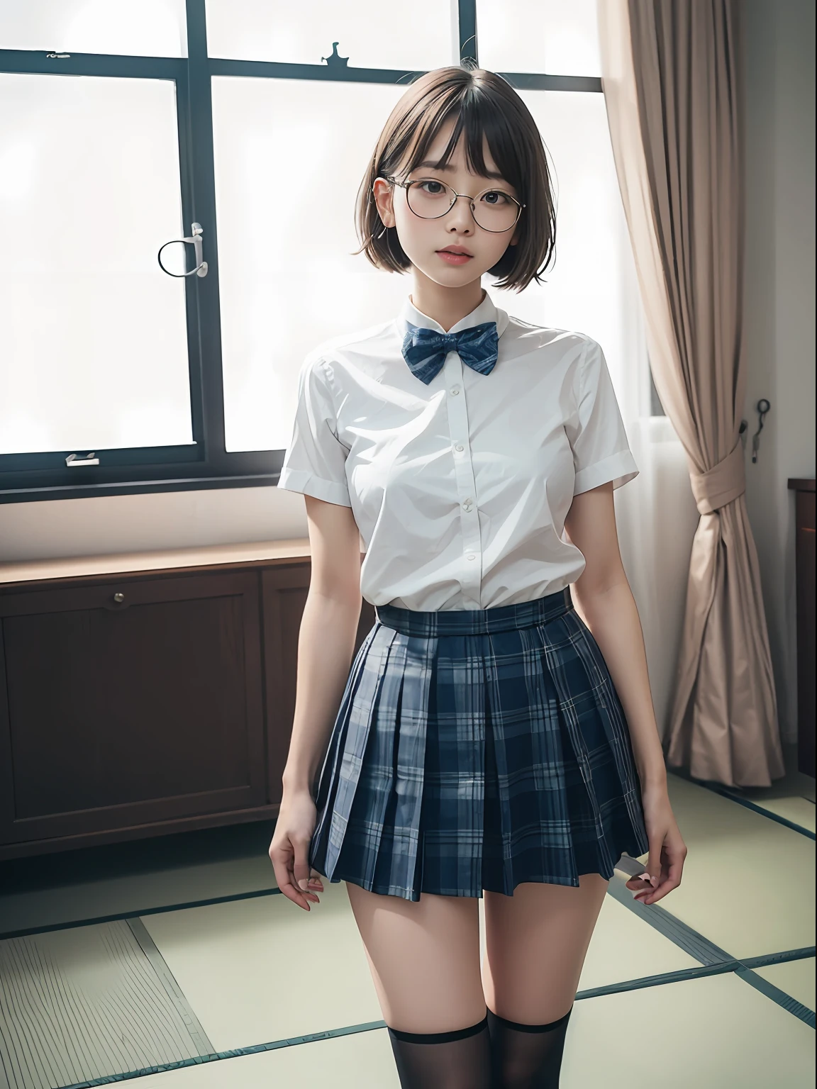 （8K、Raw photography、top-quality、​masterpiece：1.2),absurderes,a small face,small tits,flat breast,Parting the bangs from the middle、Forehead visible,(Tight eyes,Bullish,skinny,Rasping,irate)、​masterpiece,top-quality、超A high resolution,Raw photo,ren,Beautiful fece,One Person, 独奏,eye glass,,Dark look,Small breasts,fullllbody,Round glasses、cute little、A Japanese Lady,is standing,(Tight eyes,Bullish,skinny,Rasping,irate,small tits,flat breast)、（Photorealsitic：1.37）、Photon mapping,Light blue ribbon,Realistic、Cute little face,Brown-eyed、Black socks、(Red bow tie)、Radio City、Physically Based Rendering、Foreground、depth of fields、Blurry background、a picture,The girls、Body, Long legs, Thin leg,Semi-bob cut,(Bangs are visible), hair, s lips, Blue_The eye, nosesoft,White shirt, Navy blue and white plaid pleated skirt, Knees are visible,Sheer clothing,, Thigh, Black cotton socks,Nogizaka Idol, 女優, Japanese ido