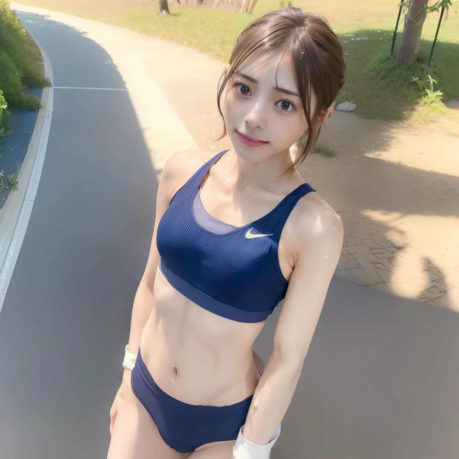(solo), (a detailed full body RAW photo of a girl), (masterpiece:1.0), (best quality:1.4), (ultra highres:1.2), (photorealistic:1.4), 8k resolution, Canon EOS R5, 50mm, absurdres, ultra detailed, (22yo), sharp focus, cinematic lighting, detailed beautiful face, (no make up:1.2), (ulzzang-6500-v1.1), petite figure, detailed skin texture, pale skin, flat chest, (skinny and fit body:1.6), thigh gap, detailed brown hair, sweltering,(very short hair:1.9), smiling, (very small and simple and blue nike sports bra and racing shorts for competition:1.5), realistic glistening skin, (sweating:1.8), slim waist, seductive smile,play sport, (protruding nipples:1.8), (showing camel toe:1.5), (feet without stockings:1.3), (athlete), (athletic feald), (matte textured fabric), (satomi ishihara:1.6)