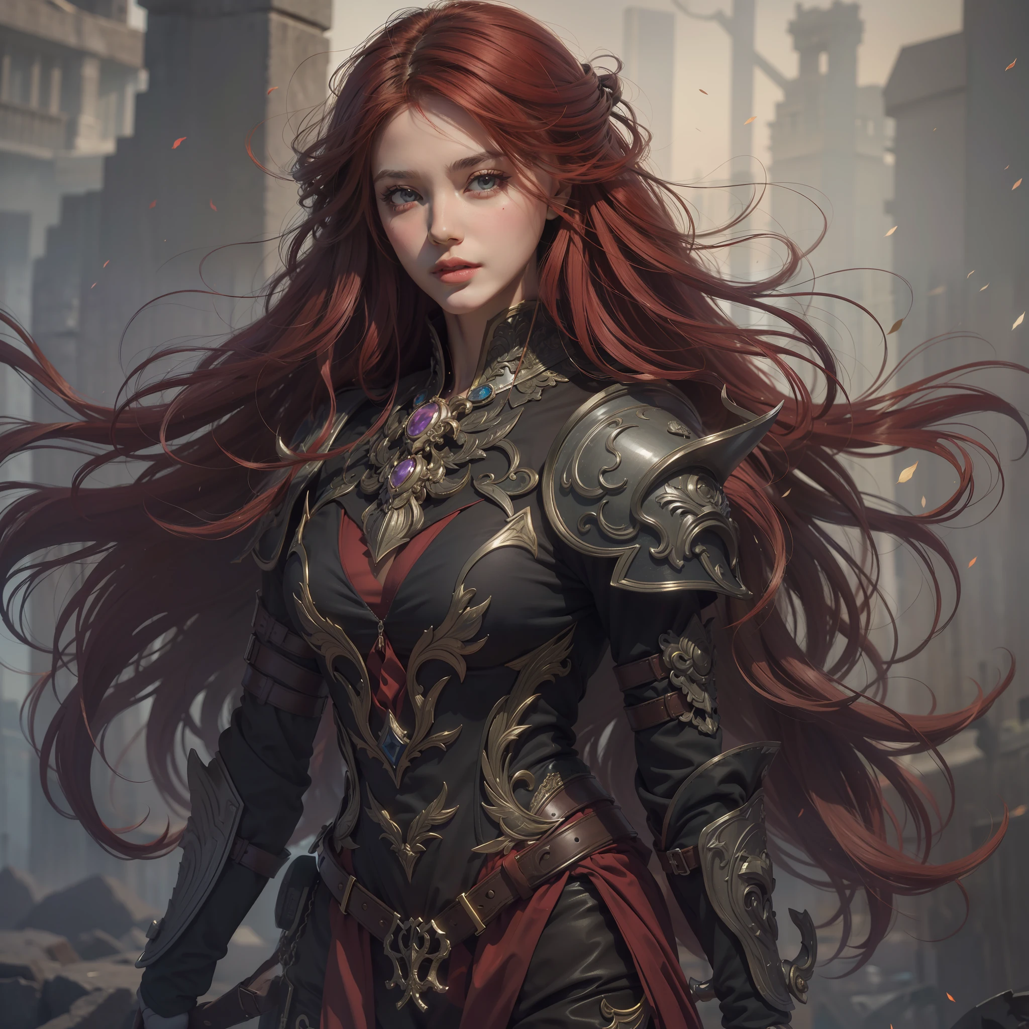 "(((obra-prima))), 8k,melhor qualidade, ultra-detallhado, High resolution CG image with a beautiful woman with red hair with bright violet eyes, retratados em detalhes fascinantes. rosto simetrico e etereo, closed lips and realistic eyes, His delicate body is accurately represented at every angle. Ela possui longos cabelos ruivos que caem suavemente sobre sua armadura negra. The upper part of his body is sculpted to perfection. "