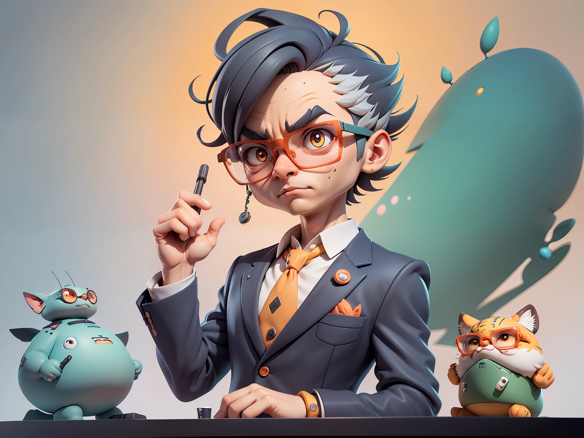 A young man in a suit, Short hair and glasses sat at his desk,holding laptop,digitial painting,tigre,3D character design by Mark Clairen and Pixar and Hayao Miyazaki and Akira Toriyama,4K HD illustration,Very detailed facial features and cartoon-style visuals。