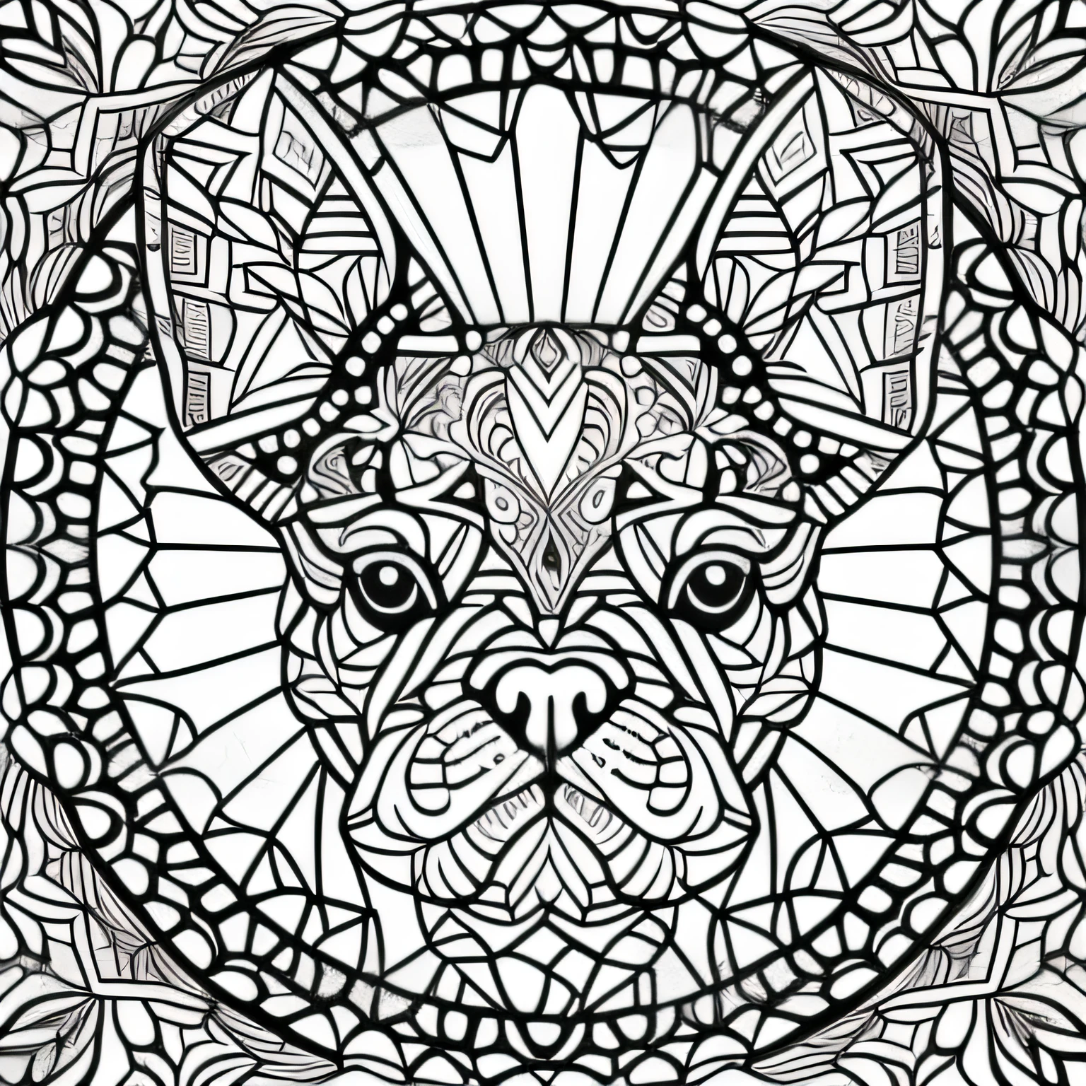 livro para colorir, Linhas conectadas, simetria, french bulldog, virado para a frente, preto e branco, fundo mandala, arte de linha fina de tinta estilizada, vetor, design para tatuagem, white and black mandala pattern, fundo branco