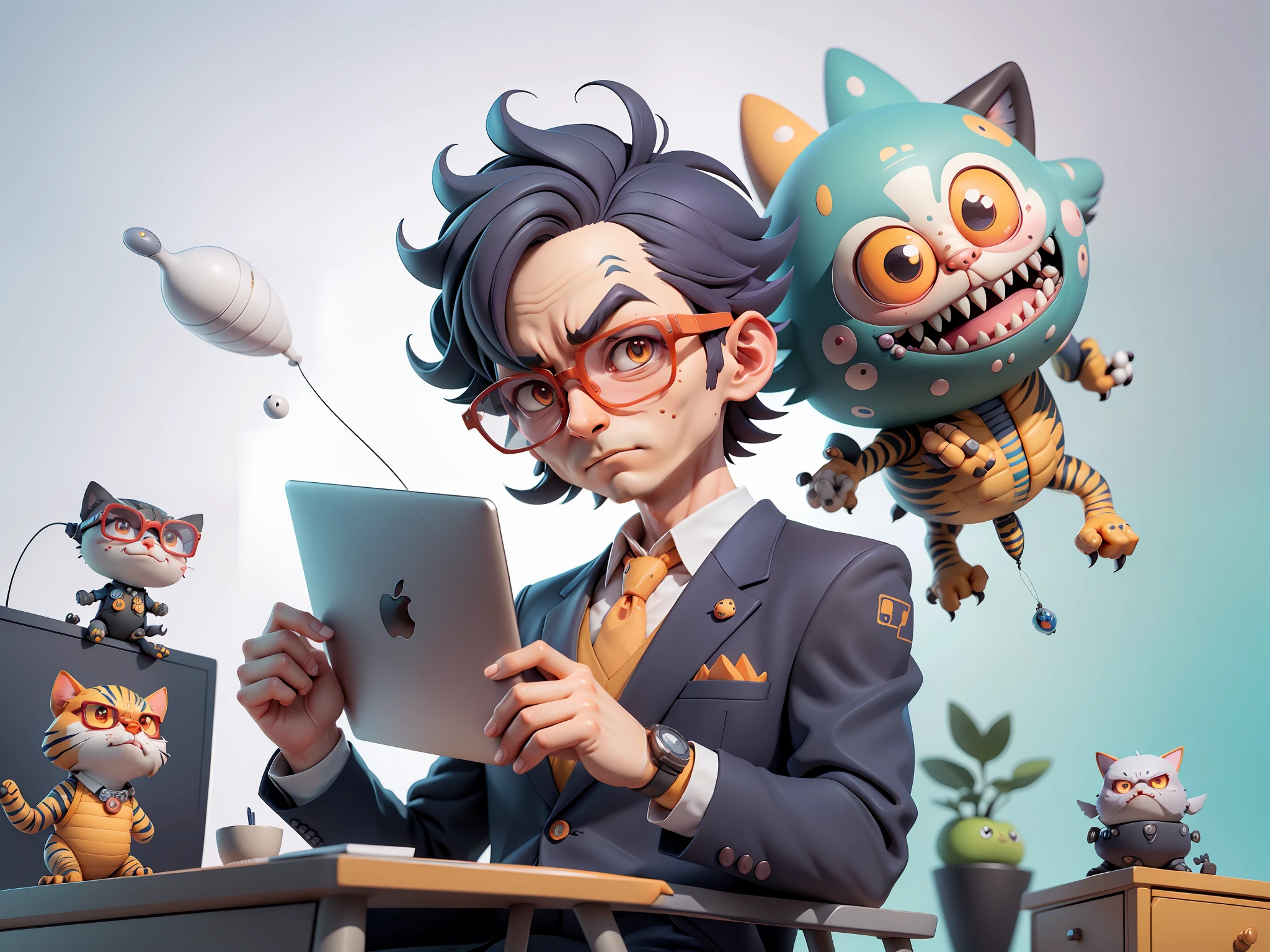 A young man in a suit, Short hair and glasses sat at his desk，holding laptop，digitial painting，tigre，3D character design by Mark Clairen and Pixar and Hayao Miyazaki and Akira Toriyama，4K HD illustration，Very detailed  features and cartoon-style visuals。