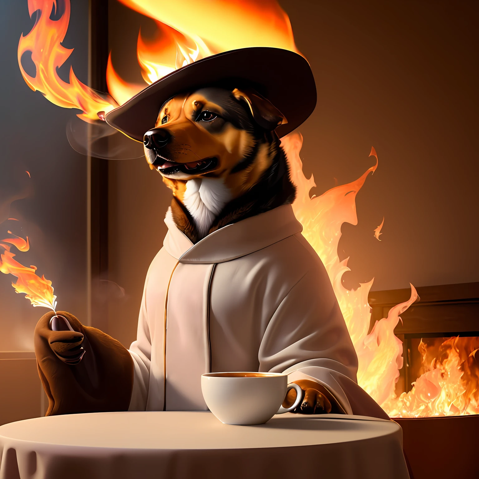 (best quality:1.23), (masterpiece:1.12), (realistic:1.24), (anthropomorphic dog:1.5) holding a coffee cup, sitting, in a robe, eating breakfast and holding a coffee cup, hat, particles, volumetric lighting, room burn down, ground and chair on fire, lots of gadgets and equipment on fire, smoke, (flames all around:1.2),