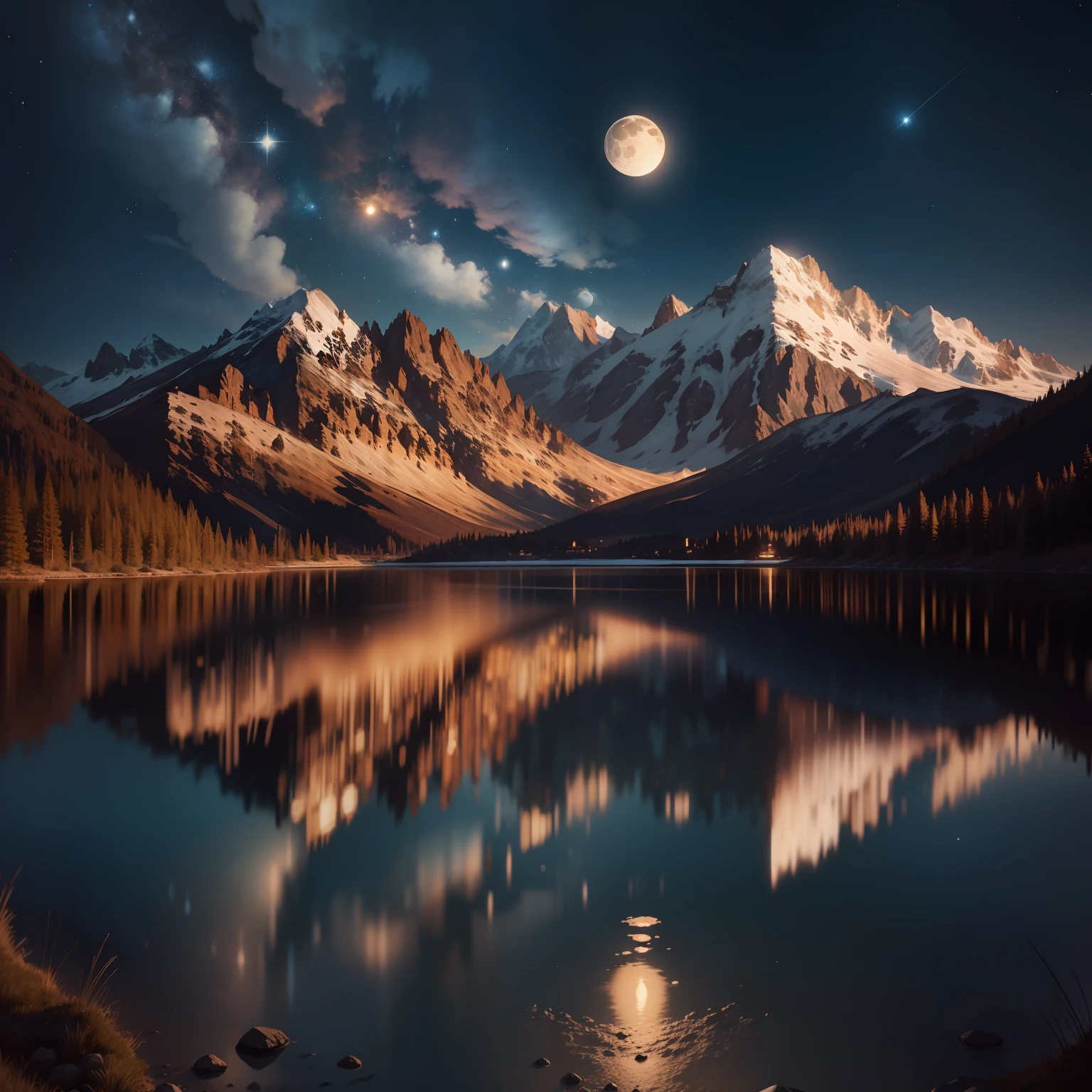Very starry night. A giant moon behind the mountains. A tranquil lake reflecting the night. Realistic scene, detailed, photorealism, 8k