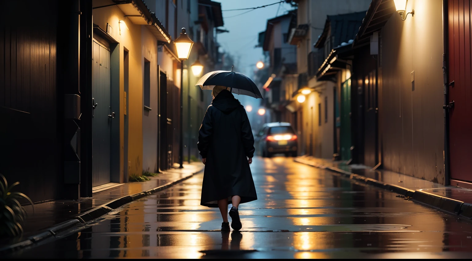 Imagem de uma pessoa caminhando por um beco escuro com um guarda-chuva, noite chuvosa, in the rain in the early evening, em um beco escuro, noite chuvosa, Humor enevoado, chovendo tarde da noite, late night melancholic photo, A sense of mystery and loneliness, Humor nebuloso, beco escuro, Beco enevoado, becos enevoados, Clima chuvoso, imagem realista, melhor qualidade, detalhes intricados, cinematic lighthing