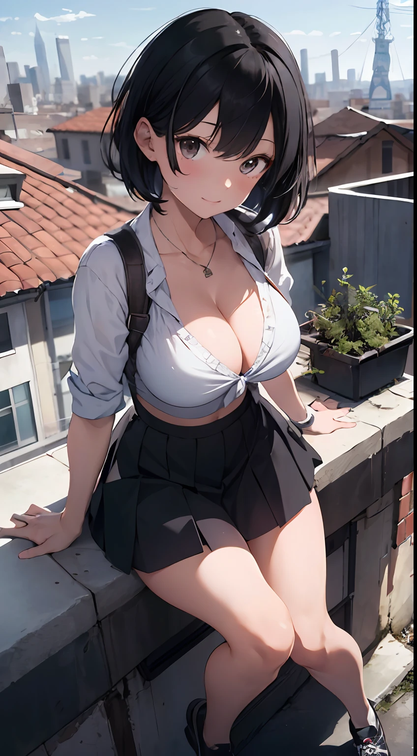 A high resolution，with short black hair，Black eyes，ultra - detailed，（1girll：1.3），（Large breasts 1.5），（cleavage 1.5），（Cute fan underwear 1.5），（ultra short skirt 1.5）Create a rooftop view in an urban setting，Features panoramic city views