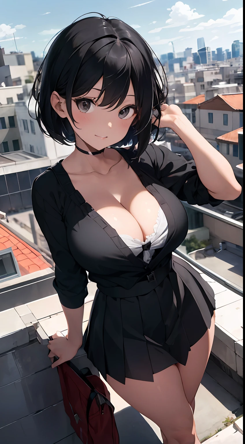 A high resolution,with short black hair,Black eyes,ultra - detailed,(1girll:1.3),(Large breasts 1.5),(cleavage 1.5),(Cute fan underwear 1.5),(ultra short skirt 1.5)Create a rooftop view in an urban setting,Features panoramic city views
