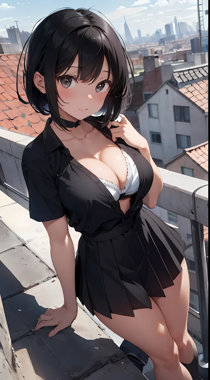 A high resolution，with short black hair，Black eyes，ultra - detailed，（1girll：1.3），（Large breasts 1.5），（cleavage 1.5），（Cute fan underwear 1.5），（ultra short skirt 1.5）Create a rooftop view in an urban setting，Features panoramic city views