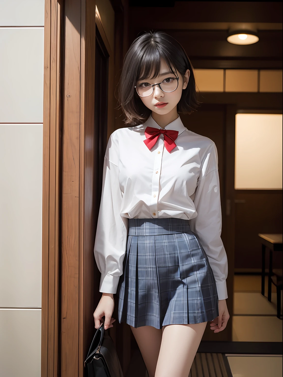 (8K、Raw photography、top-quality、masterpiece:1.2),absurderes,a small face,small tits,flat breast,Parting the bangs from the middle、Forehead visible,(Tight eyes,Bullish,skinny,Rasping,irate)、masterpiece,top-quality、超A high resolution,Raw photo,ren,Beautiful fece,One Person, 独奏,eye glass,,Dark look,Small breasts,fullllbody,Round glasses、cute little、A Japanese Lady,is standing,(Tight eyes,Bullish,skinny,Rasping,irate,small tits,flat breast)、(Photorealsitic:1.37)、Photon mapping,Light blue ribbon,Realistic、Cute little face,Brown-eyed、Black socks、(Red bow tie)、Radio City、Physically Based Rendering、Foreground、depth of fields、Blurry background、a picture,The girls、Body, Long legs, Thin leg,Semi-bob cut,(Bangs are visible), hair, s lips, Blue_The eye, nosesoft,White shirt, Navy blue and white plaid pleated skirt, Knees are visible,Sheer clothing,, Thigh, Black cotton socks,Nogizaka Idol, 女優, Japanese ido
