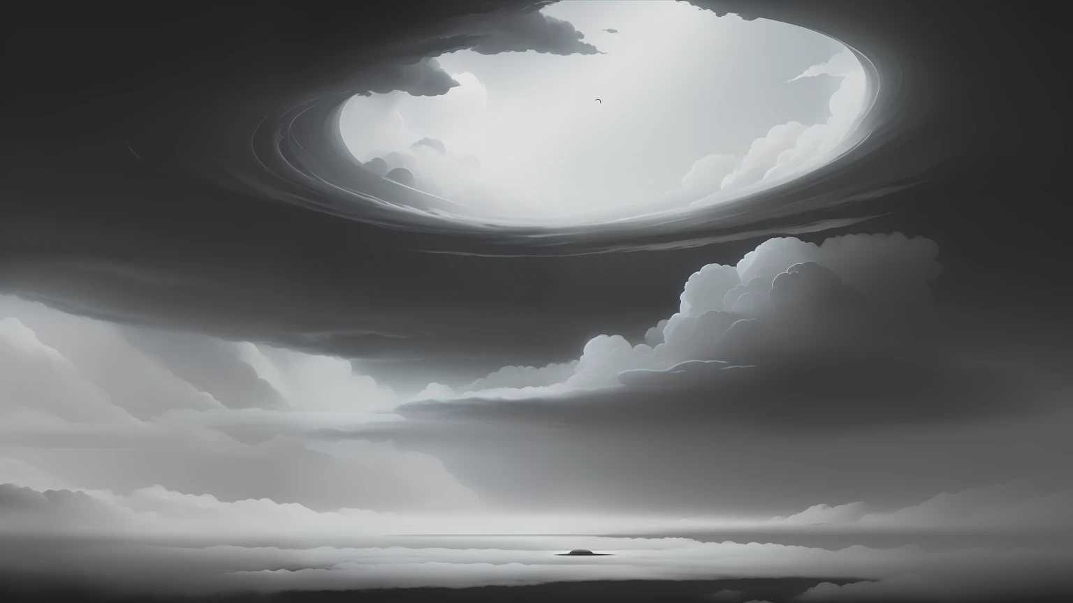 Una foto en blanco y negro de un gran cielo lleno de nubes, Dramatic lighting. arte conceptual, magic portal in the sky, dramatic concept art, Spore cloud emission, Makoto Sinkai, dark atmosphere illustration, cosmic skies. por Makoto Shinkai, arte conceptual de Noah Bradley, an ominous fantasy illustration, Tormenta. Makoto Shinkai, atmospheric. Pintura digital