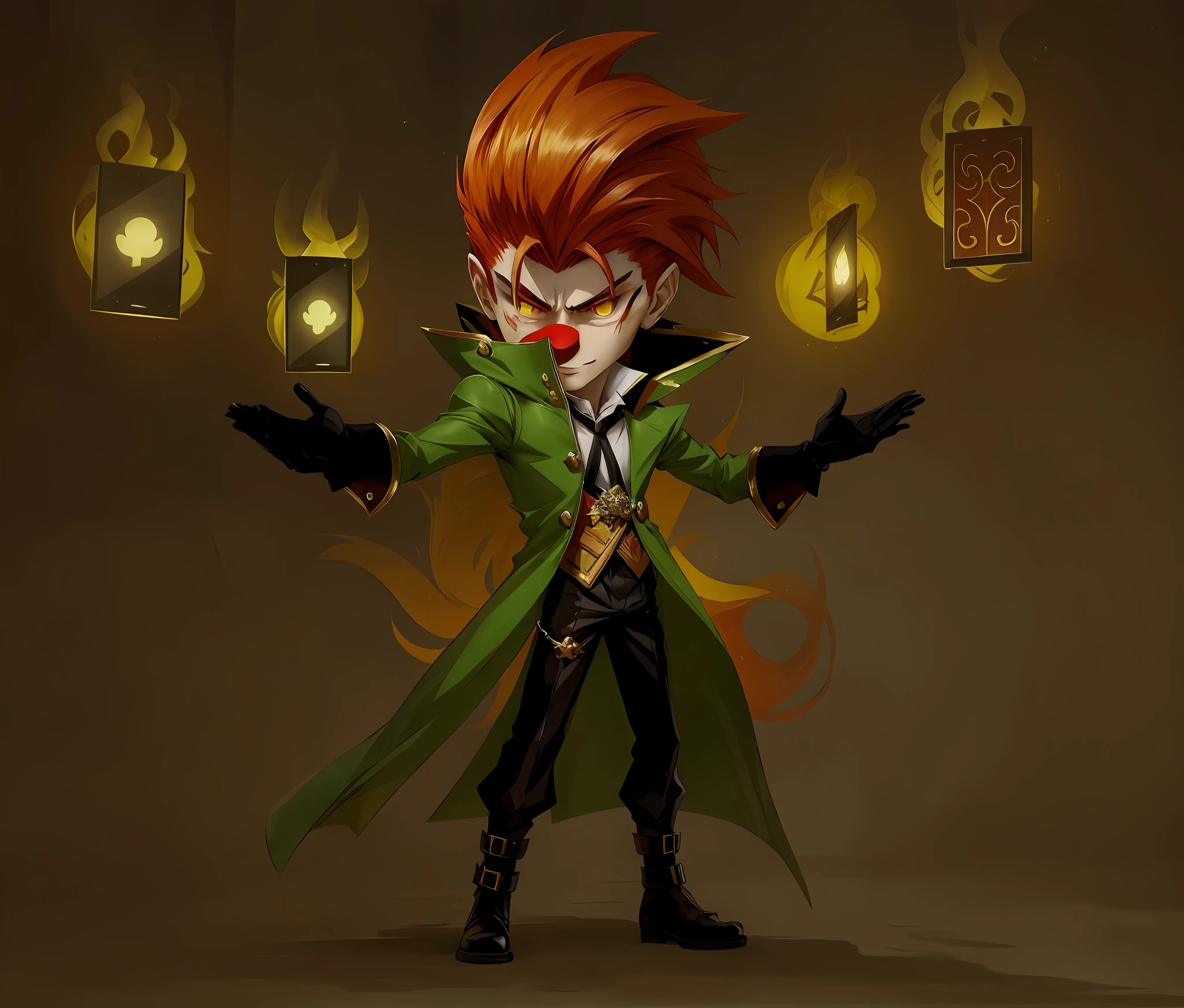Anime character with red hair and green coat holding a lit lantern, Art des personnages de Maple Story, Dapper Dream Demon, Kakyoïn, Evil male wizard, Advanced Digital Chibi Art, evil wizard, Pose of the villain, Style League of Legends, Portrait du professeur Sinister, Partie Brando, Evil alchemist gnome, Art de style League of Legends, inspired by Luigi Kasimir