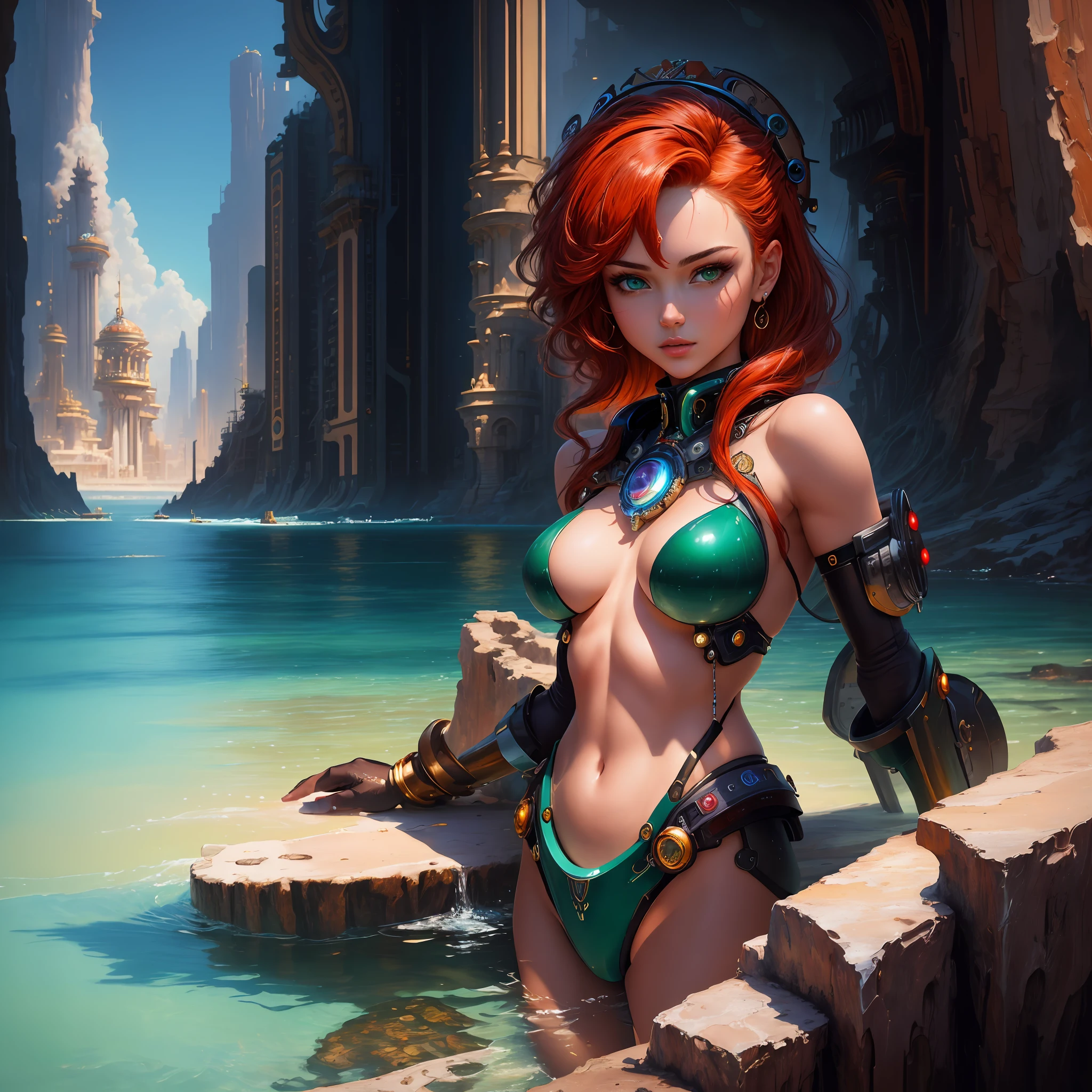 (masterpiece, top quality, best quality, official art, beautiful and aesthetic:1.2), the city of Atlantis like it was when new beautiful with future machines, robots,a beautiful women goddess, hot ite teerl, pretty face with arms and legs, babe, the extremely hot and sexy, sexy girl, sexy pose, red hair, beautiful green eyes, and a perfect body, 8 k hd detailed oil painting,