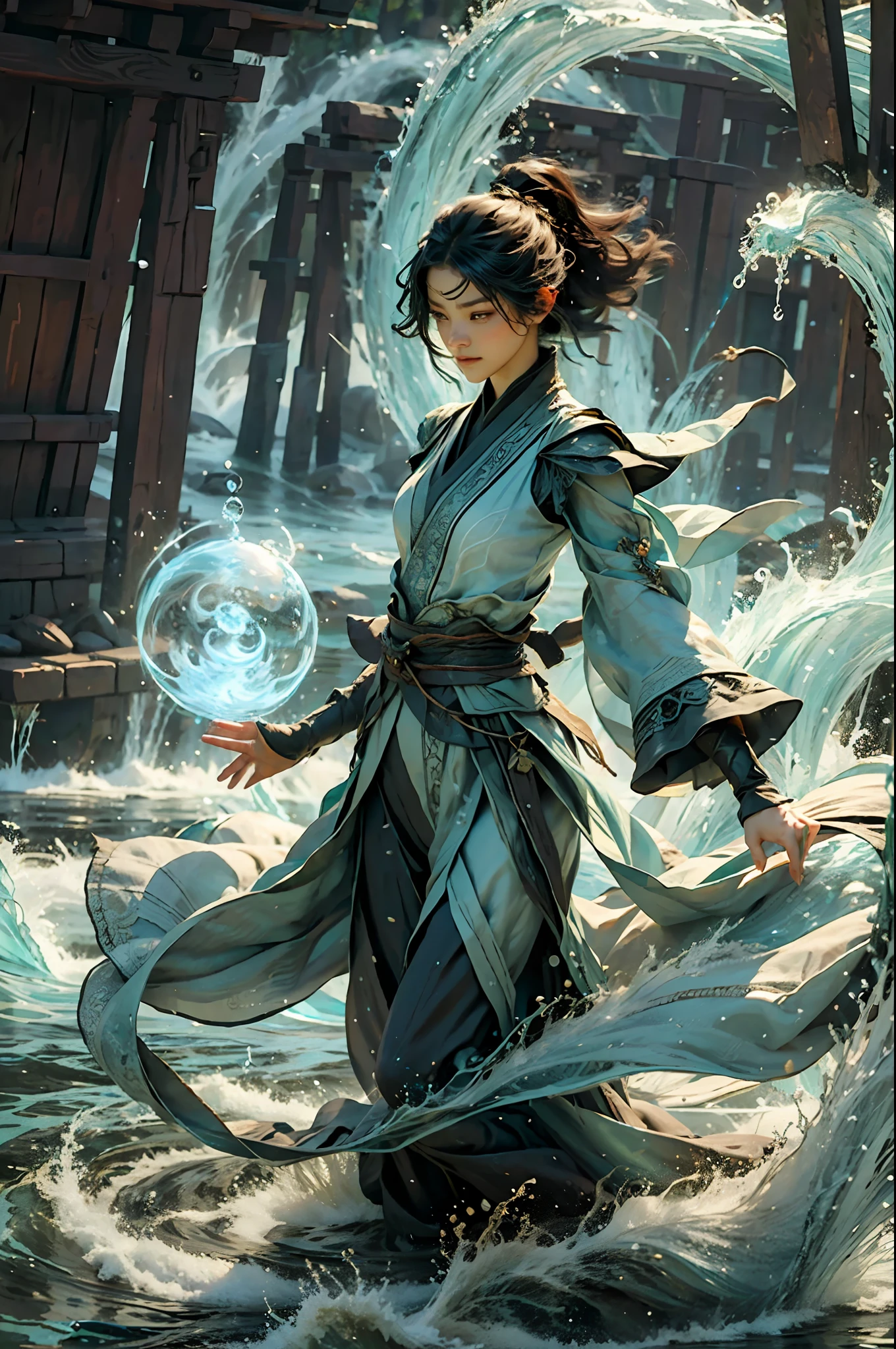 ((best qualtiy)), ((tmasterpiece)), (A detailed), (Realistis), (offcial art), (Very detailed CG unity 8k wallpaper), (Water magic:1.2), (Manipulating water:1.1), (element control:1.2), (graceful movements:1.1), (water dragon:1.1)(Aquatic beauty:1.2), (Mysterious powers:1.2), (Serene expression:1.1), (Flowing tides:1.2), (Sparkling water droplets:1.2), (magic aura:1.1), (magic incantation:1.2), (Ripple waves:1.2), (Splendid water formation:1.1), (Emerges from a whirlpool of water:1.2), (Resonate with nature:1.2),(commanding the elements:1.2),(translucent veils:1.1),(Wisdom and strength:1.2),(swirls of magic:1.2),(Glowing zigzag:1.1),(Harmony with the sea:1.2),(Mysterious origins:1.2),(harmonious balance:1.1),(The power of tranquility:1.2),(A fascinating spectacle:1.2),(Immerse yourself in liquid magic:1.1),(Embrace her destiny:1.2)