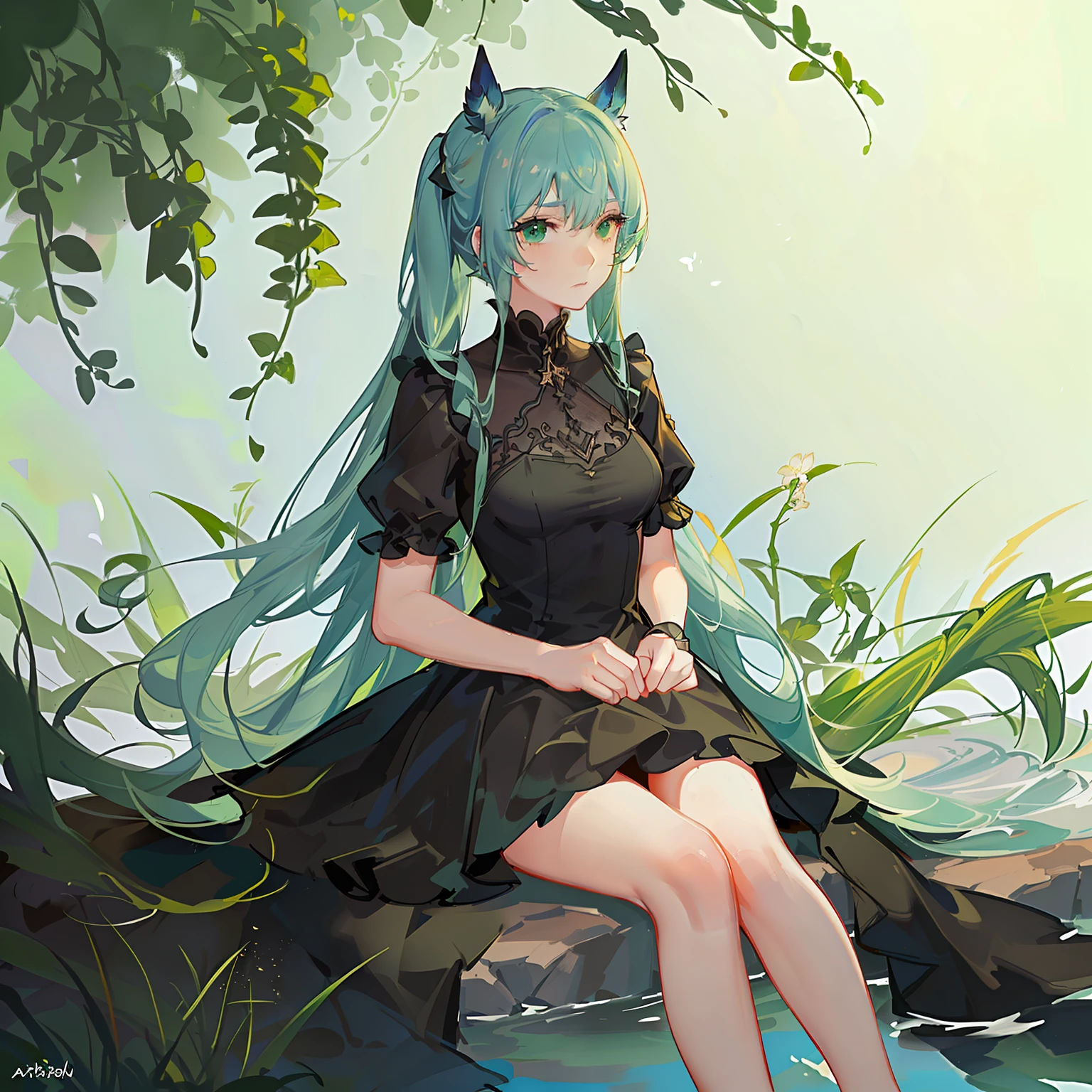 ocean floor,Very beautiful girl,dual horsetail,black long dress,Lots of fish around,airbubble,A sad expression,Green eyes,blue green hair,Fish tail,One man only