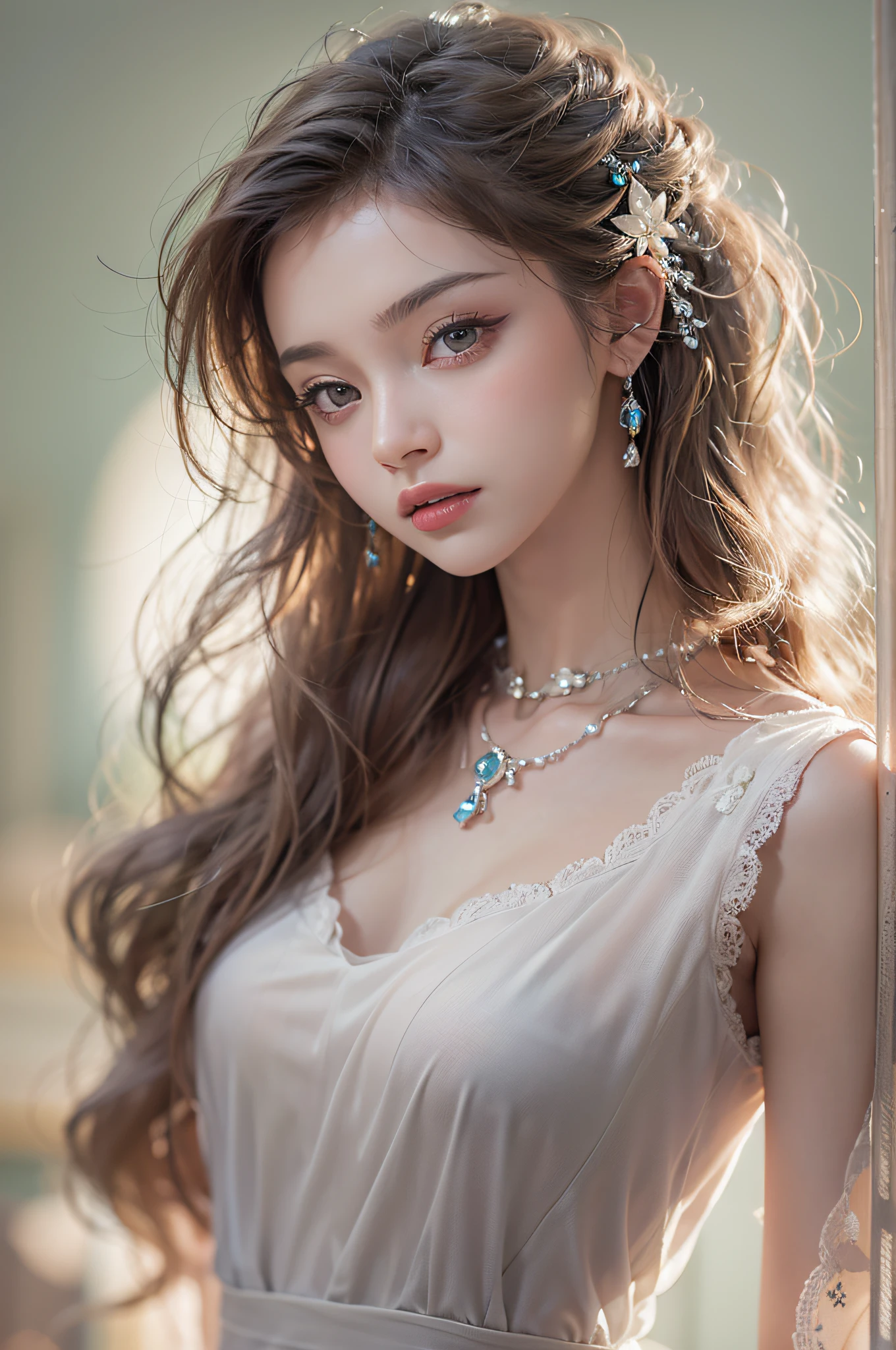 Best quality, masterpiece, high resolution, 1girl, porcelain dress, hair accessories, necklace, jewelry, beautiful face, on the body, Tyndall effect, realistic, dark studio, edge lighting, two-tone lighting, (high detail skin: 1.2), 8k UHD, dslr, soft light, high quality, volumetric light, candid, photo, high resolution, 4k, 8k, background blur,