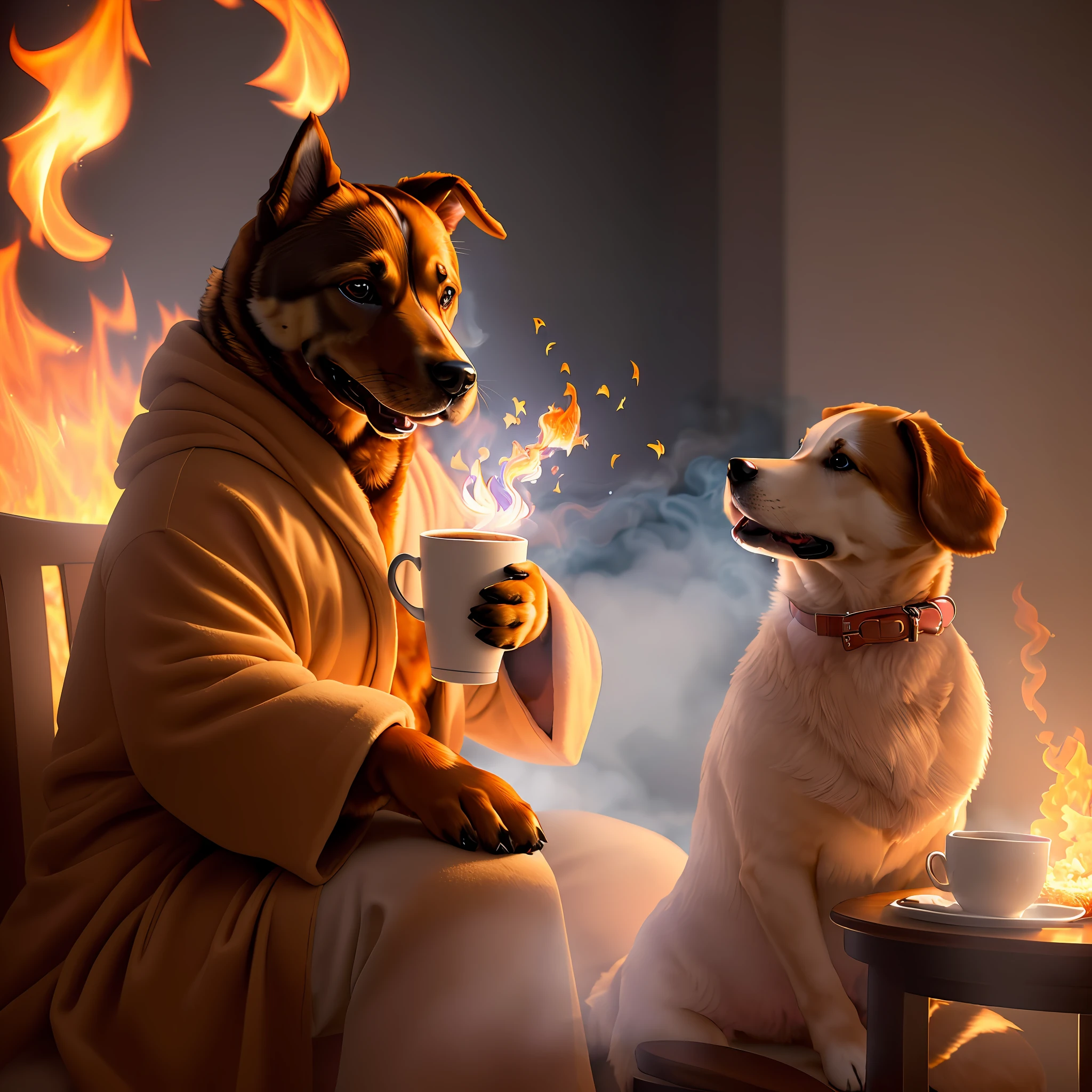 (best quality:1.23), (masterpiece:1.12), (realistic:1.24), (anthropomorphic dog:1.5) holding a coffee cup, sitting, in a robe, eating breakfast and holding a coffee cup, hat, particles, volumetric lighting, room burn down, ground and chair on fire, lots of gadgets and equipment on fire, smoke, (flames all around:1.2),