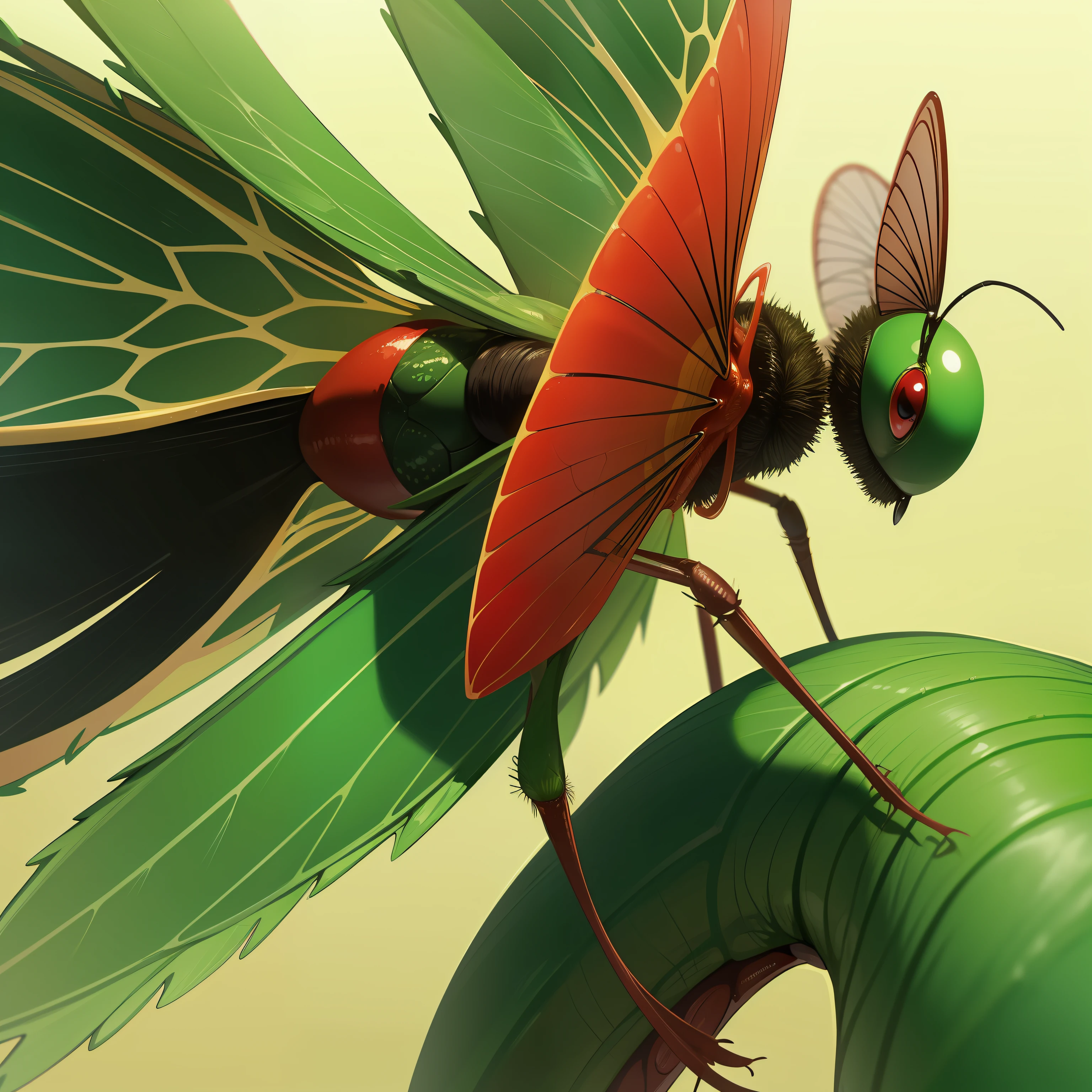 green fly with big red eyes and two wings and six legs