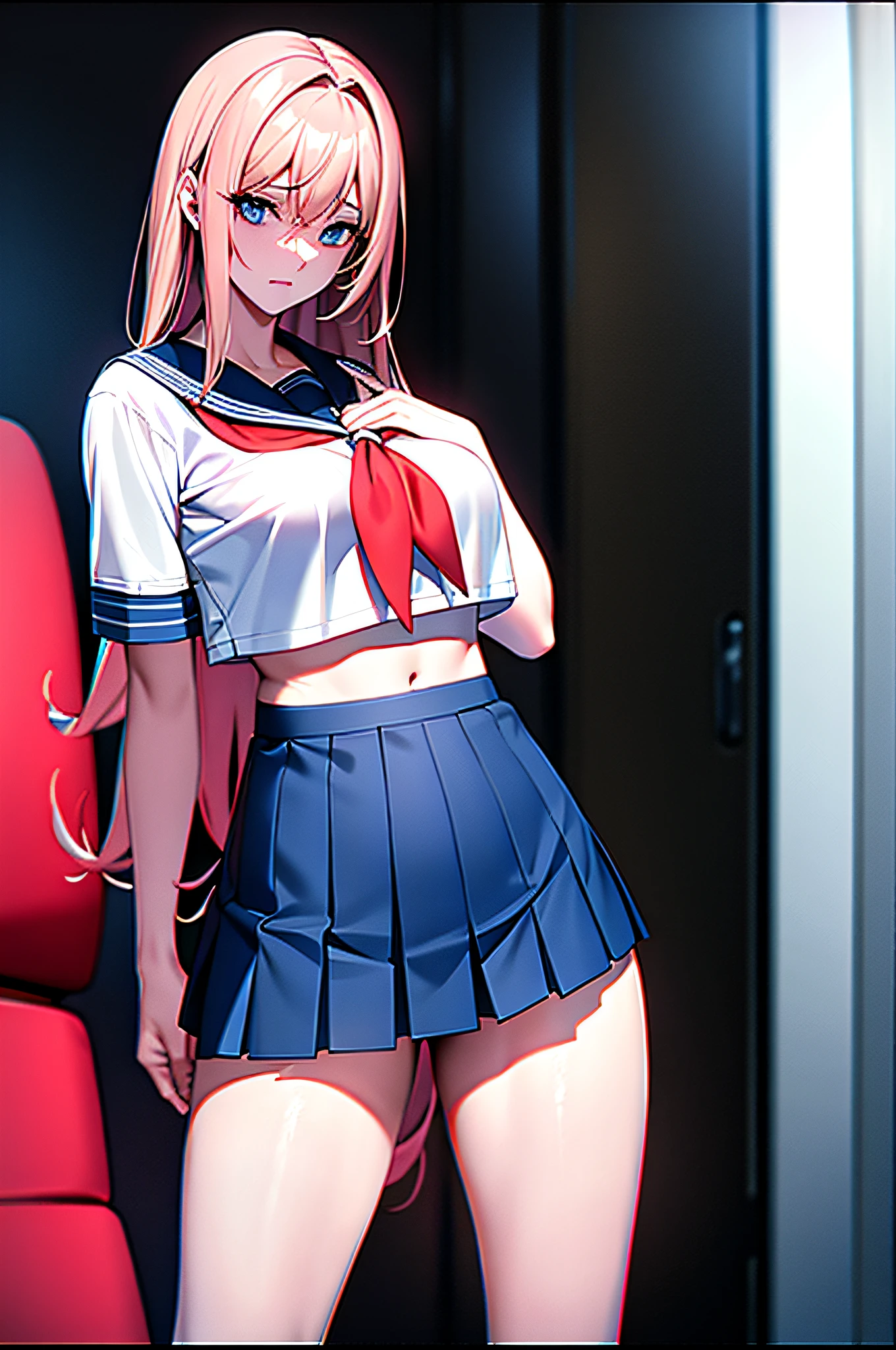 A high resolution, 1girll, 独奏, eBlue eyes, ((Little sister)), realisticlying, best qualtiy, (Panties wet:1.3),((((a sailor suit: 1.5)))), ((Collar)), (Liquid flows down the thighs) ,))), (Short pleated skirt),(Expression humiliation),(Be red in the face),(show navel), full bodyesbian, ( ), (20 yrs), ((thigh socks: 1.5)), (Large breasts: 1.9)))), (Raised : 1.8),()))), ((Open legs: 1.8))