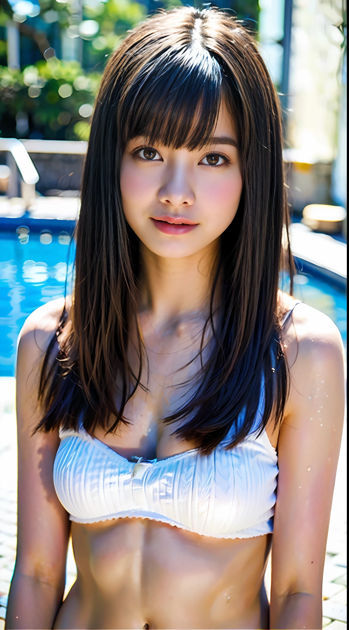 top-quality、masterpiece、超A high resolution、(Photorealsitic:1.4)、Raw photo、1 beautiful woman、A slender、dirk brown colored hair、glowy skin、Dramatic Writing、full body Esbian、maikurobikini、sexypose、Cute、during daytime、with light glowing、swimming pools、A smile、swim wears、Cute、Slender body、Super thin face、Medium size big,、Shameful smile、Ultra-detailed face、ultradetailed eyes、hyperdetailed lips