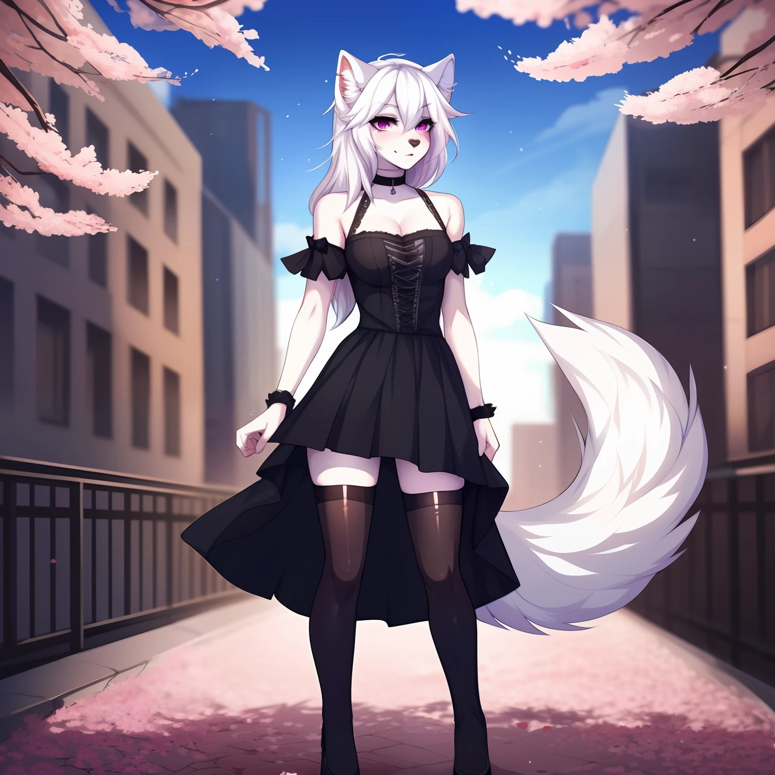 Solo, ((A cute anthro furry white wolf girl)), black nose, wearing a gothic dress, short skirt, choker, black bow in hair, outside in a city with cherry blossoms, staring into space, thigh high toeless leggings, by hyattlen, by fumiko, by claweddrip, 4 toes, clearly drawn purple eyes, long white hair, highly detailed, fluffy tail, fluffy white ears, gynomorph, standing