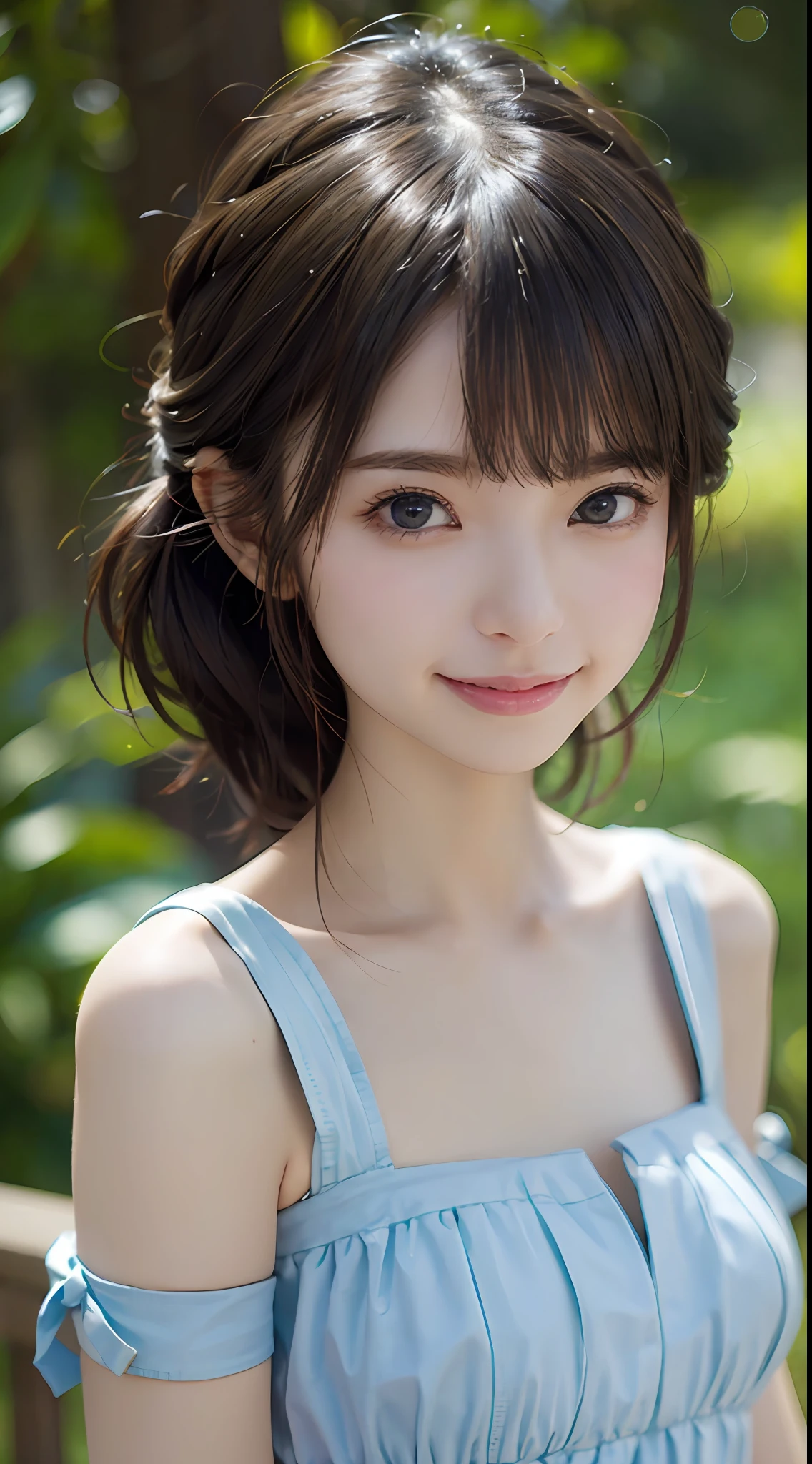 masterpiece、1 beautiful girl、A detailed eye、Puffy eyes、top-quality, 超A high resolution, (Realisticity: 1.4), OriginalPhotographs,cinematlic lighting、japanes、Super beauty、Beautiful skin、A slender、(A hyper-realistic)、(hight resolution)、(8K)、(ighly detailed)、(beautifully detailed eyes)、(ultra-detailliert)、(A detailed face)、looking at viewert、very smiling、Facing straight ahead、Black colored eyes、the body is facing forward、short-cut、Wearing a light blue dress、
