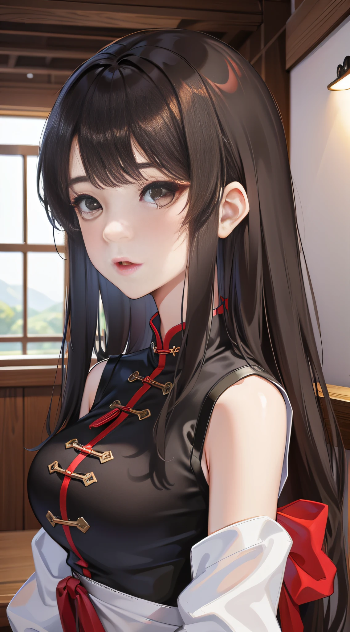 1 girl, Long hair, Black hair, Cheongsam, Big breasts, Thin waist, Red lips, Directly to the camera, Countryside,（inquisitive：1.6），（A puzzled expression：1.6），Game CG，Best quality ，8K