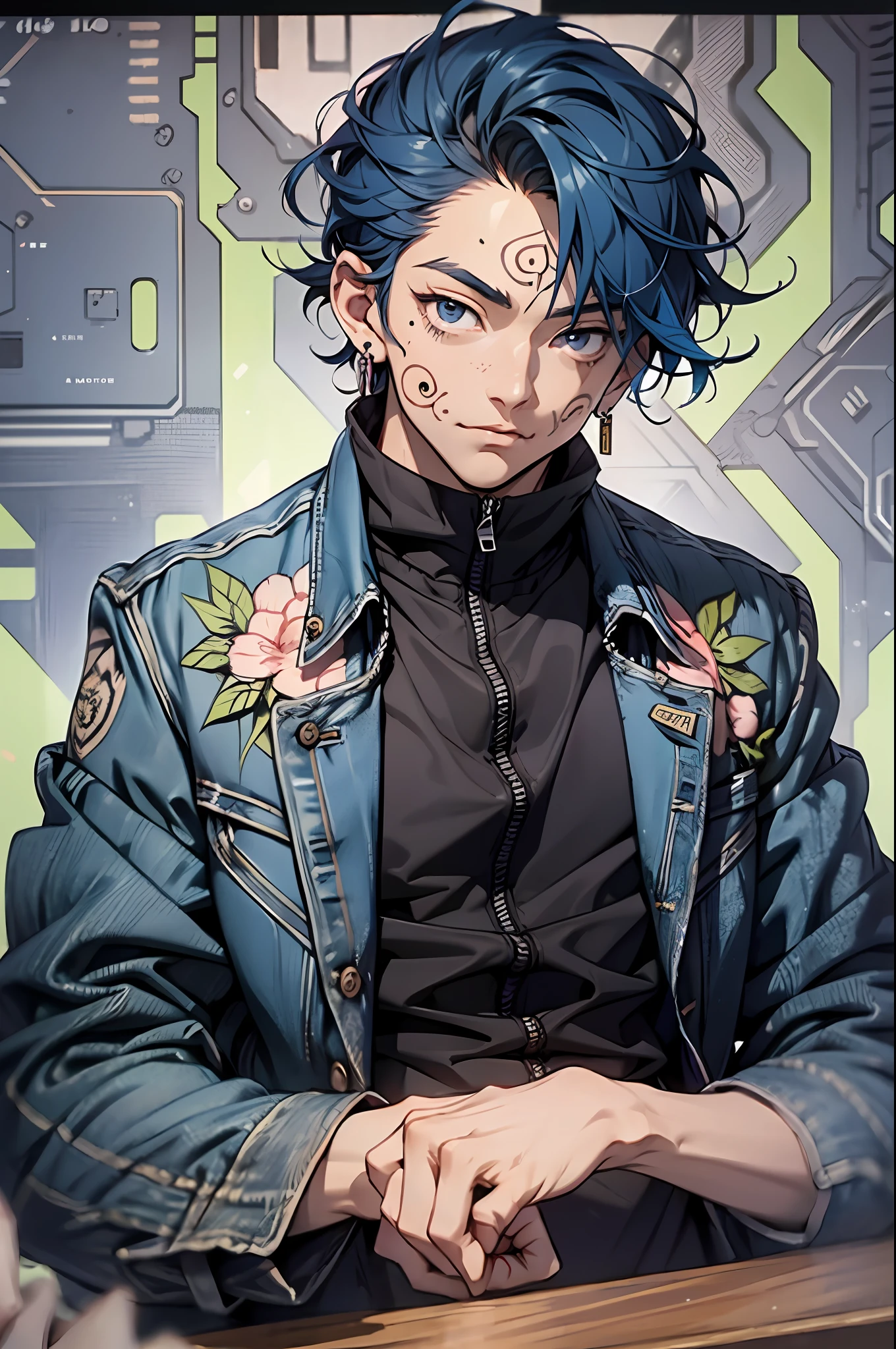 （hoang lap，A high resolution，ultra - detailed，HDR），tmasterpiece，best qualtiy，1人，独奏，handsome，short detailed hair，Inumaki Tog，Facial tattoos，blue  hair，a black trench coat，denim pant，Keep one's mouth shut，