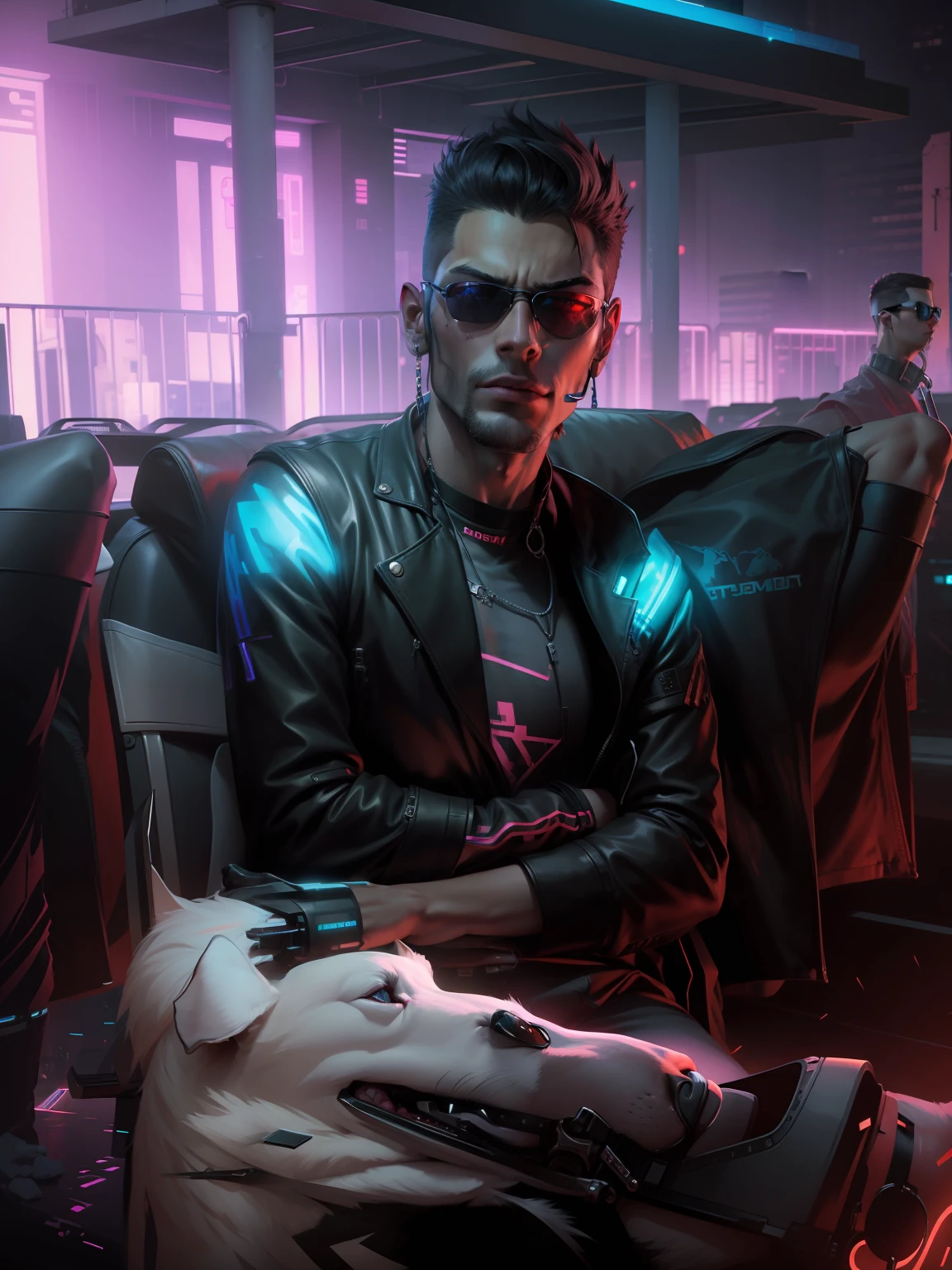 Change background Cyberpunk with sunglasses ,with dog, 8k,Handsome guy