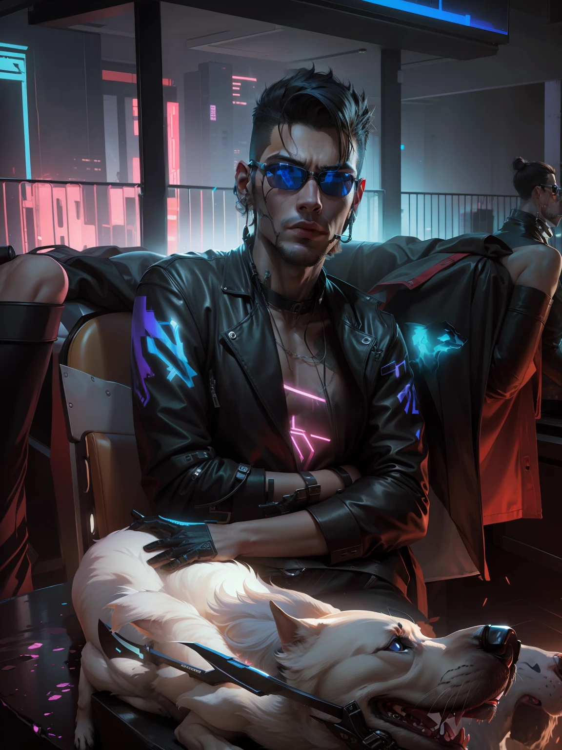 Change background Cyberpunk with sunglasses ,with dog, 8k,Handsome guy