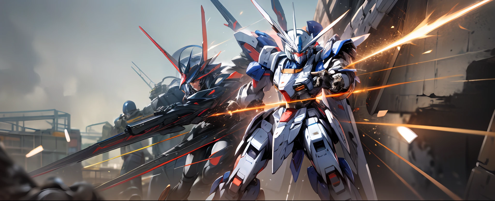 Super realistic，full bodyesbian，3 Gundam Warriors，Weapon in hand，Duel status，combat state，Laser cannon，Laser sword，battleground background，wallpaper hd，8K, mecha