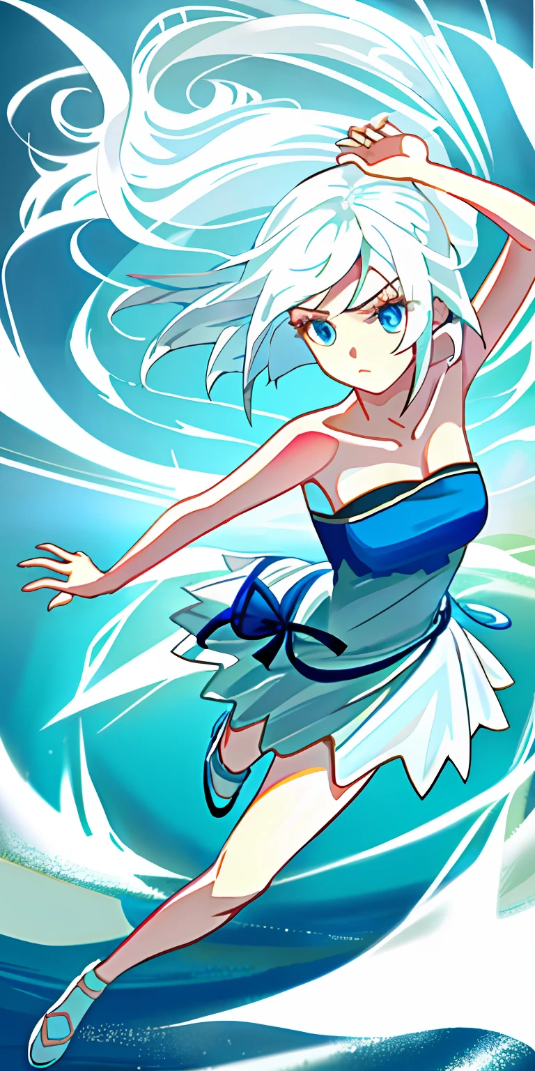 Highest image quality,Perfect 2D style,Sexy girls,Bandeau white dress,Pure white hair,Bright blue eyes,Elegant and dynamic posture,There is a slight fluctuation in the lake。
