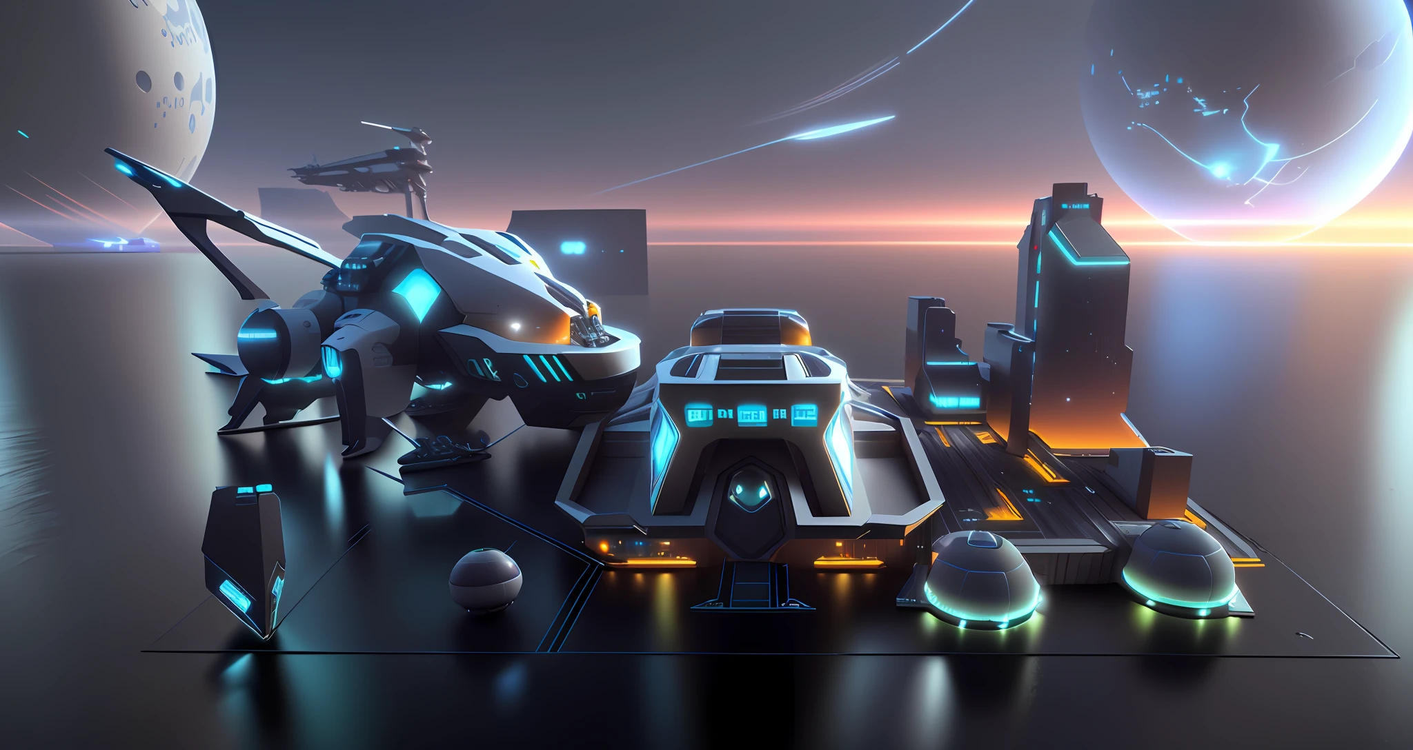 futuristic city with a futuristic robot and a futuristic city in the background, background of digital greebles, 3 d render of a scifi spaceport, raytraced 3d set design, highly detailed vfx scene, futuristic production facility, depicted as a 3 d render, futuristic scientific laboratory, future science fiction. game cg, hyper detailed 3d render, hyper detailed 3 d render