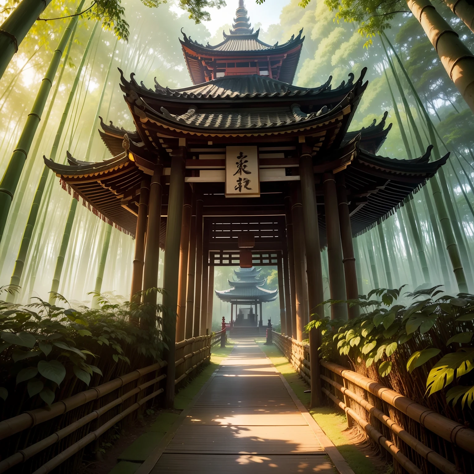 Bamboo forest, paths, canopy layers, pagoda temples beyond the canopy covered path, pagodas in the center of the horizon