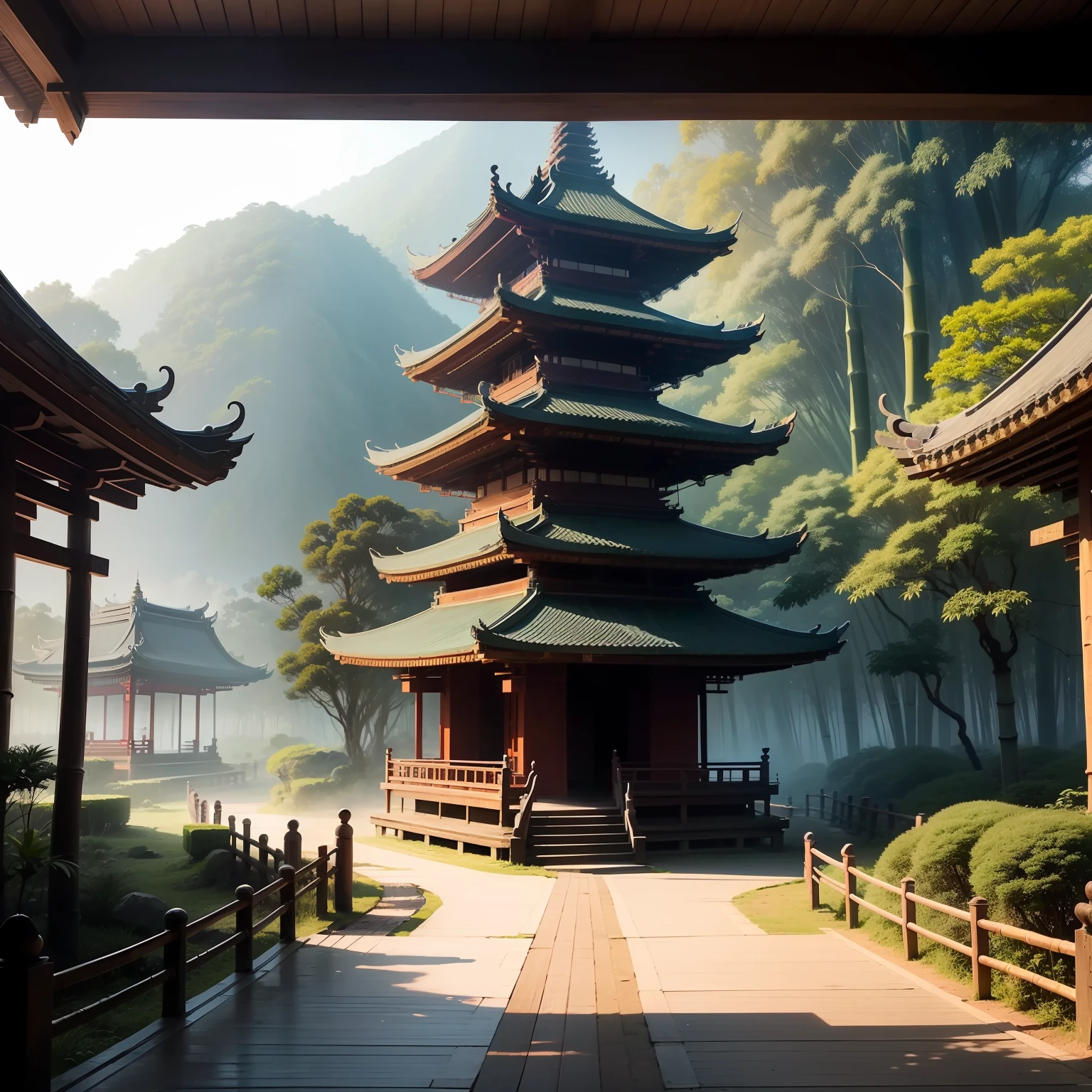 Bamboo forest, paths, canopy layers, pagoda temples beyond the canopy covered path, pagodas in the center of the horizon
