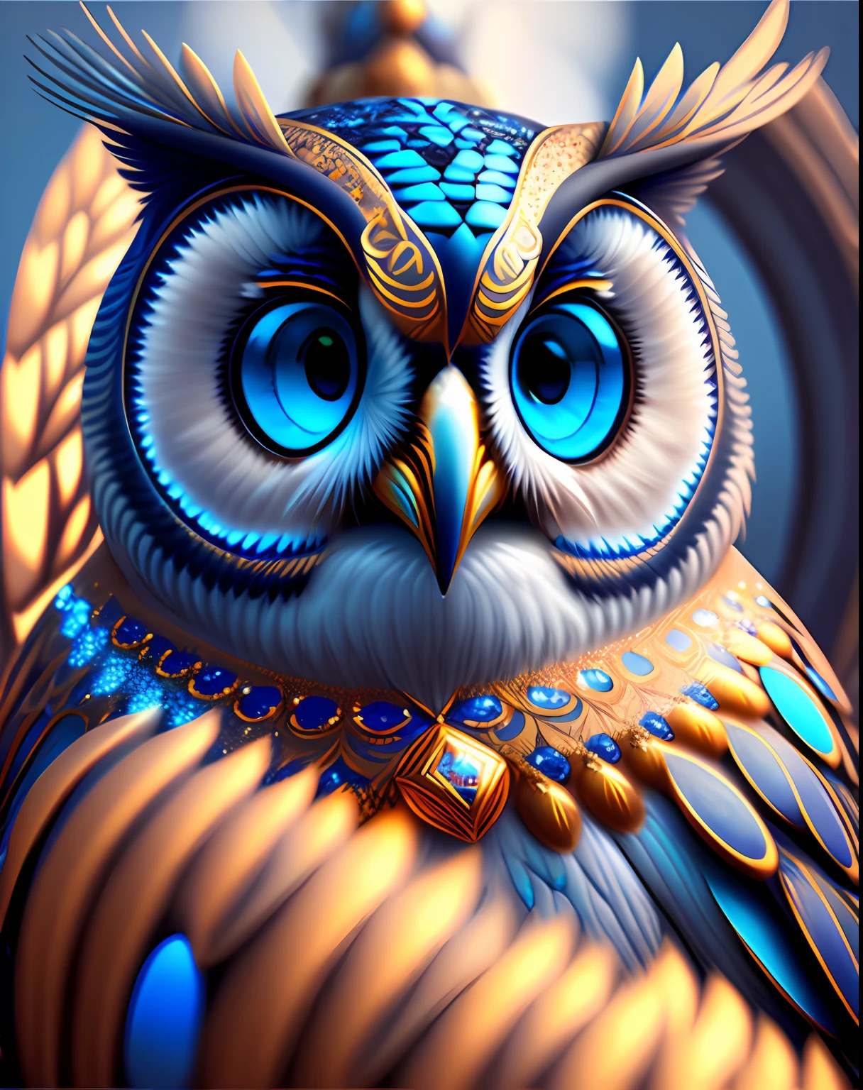a digital painting of an owl with blue eyes, unreal engine render + a goddess, very detailed , beeple global illumination, elaborate ornate jewellery, trending on cgisociety, motion graphics, rossdraws global illumination, cgsociety