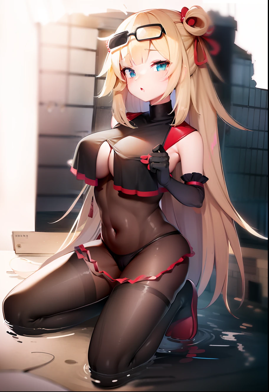 Make an artwork by vtuber Akai Haato, usando um biquini vermelho, umbigo exposto, barriga exposta, seios enormes, coxas sensuais, de joelhos na beira do mar, olhar sedutor.