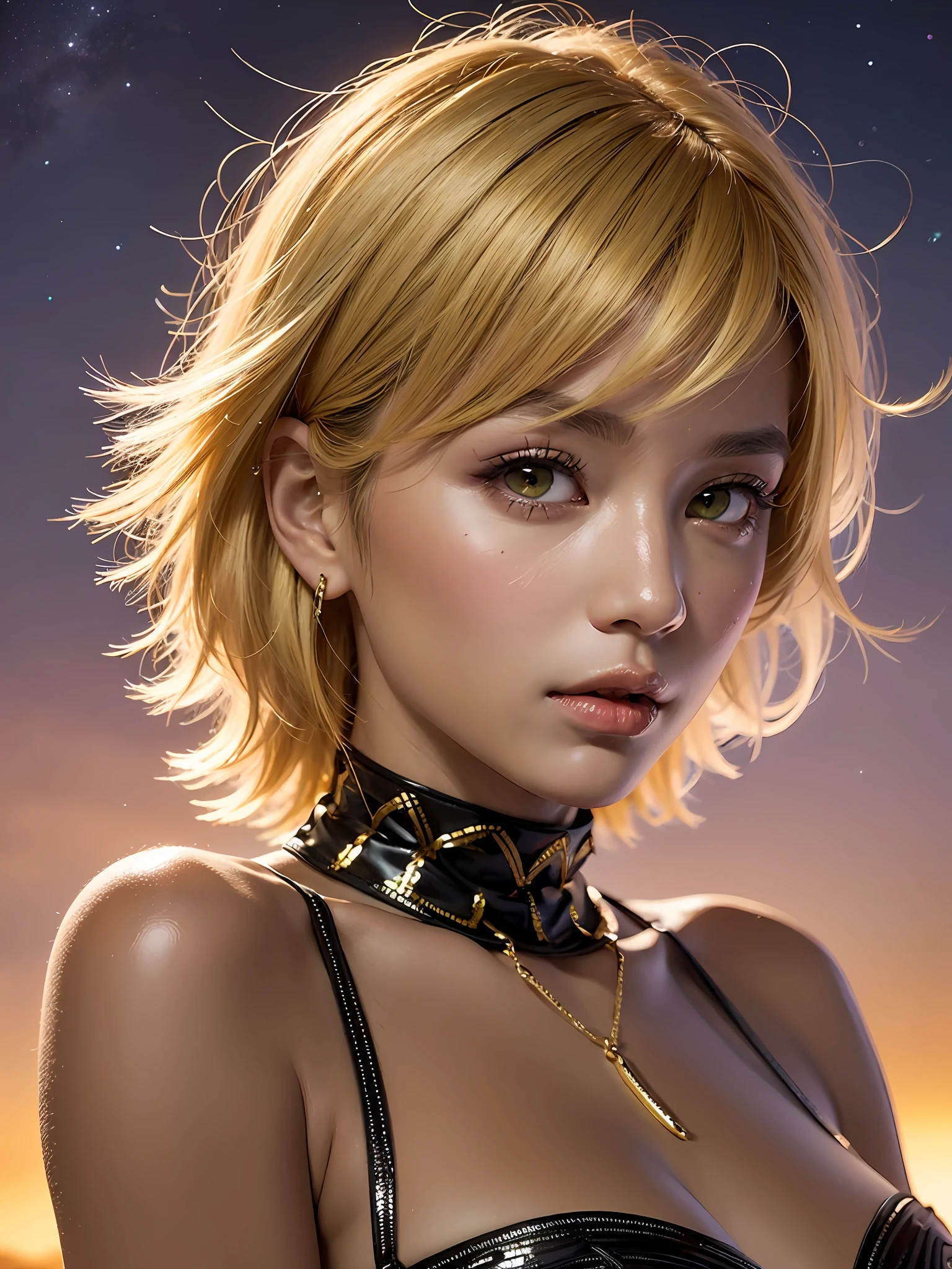1woman, pretty face, masterpiece, sedutive, dark skin, tanned skin, short hair, yellow hair, green eyes, yellow eyelashes, yellow eyebrows, messy hair, bangs hair, nigth desert, night star, sky, front view