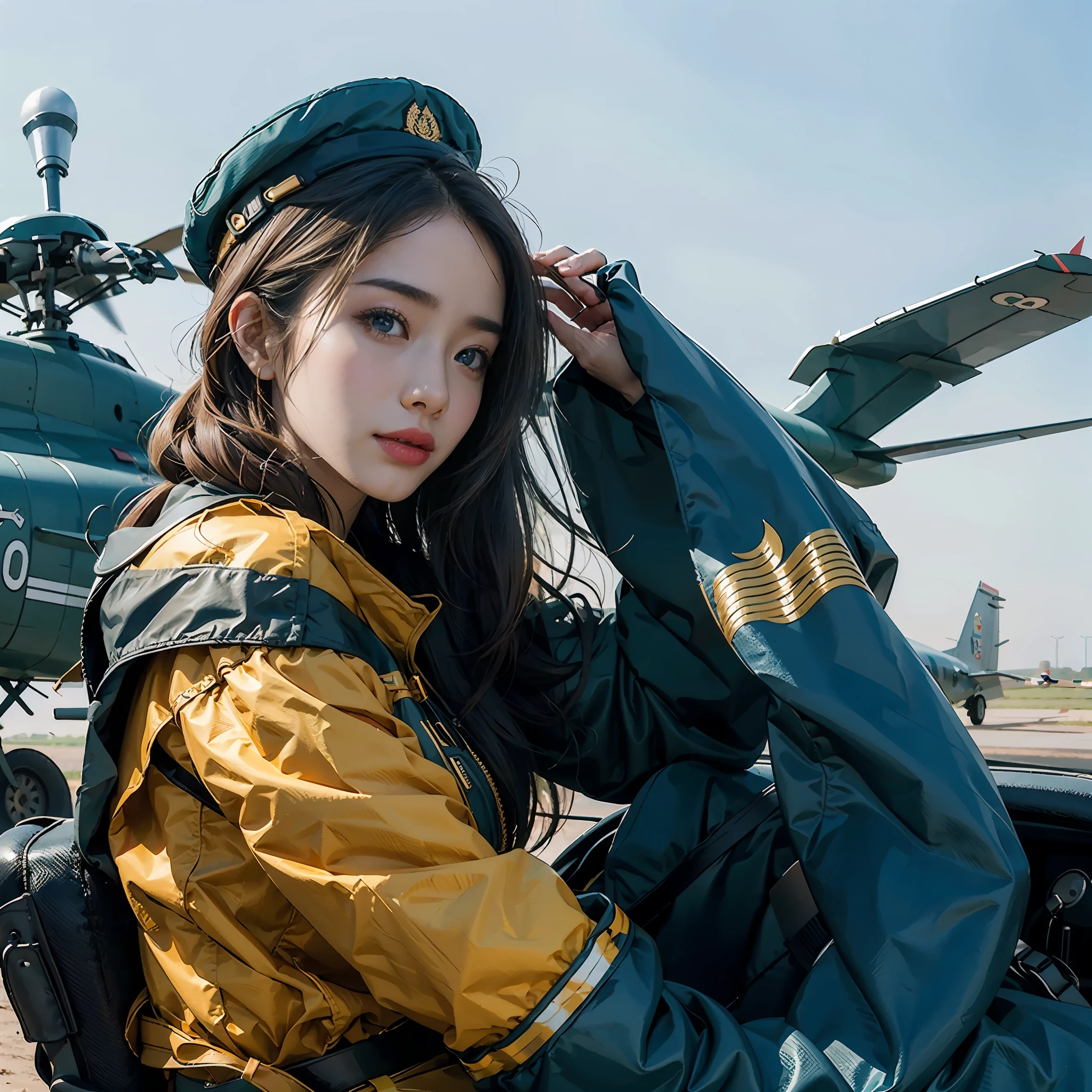 in a panoramic view,photorealestic,Modern style,Blue sky,baiyun,The helicopter is in the air,Air base in the desert,Stop in front of a fighter at the airfield,3girl,Wear modern Chinese Air Force uniforms,Sky blue sky camouflage uniform,Blue military dress,Wearing a black berets,Wear a Chinese sabre,Carry a pistol,Happy group photo in front of the plane,professinal,Meistwick,commissioned,best qualtiy,color corrected,After fixation,Retouching,Improvement,Epic,Tone-mapping,the detail, highly detailed, digitial painting, art stations, Conceptual map of the long dam, Smoothness, Sharp focus, Beautiful illustration, photore, The light from the back window is backlighted, 动态照明, Mist, 复杂, cinematic grain, professinal, face to the viewer,(Beautiful m3d_woman, Perfect M3D_face,), Volumetriclighting, subsurfacescattering, Good highlights, Good shadows, cinematic ligh