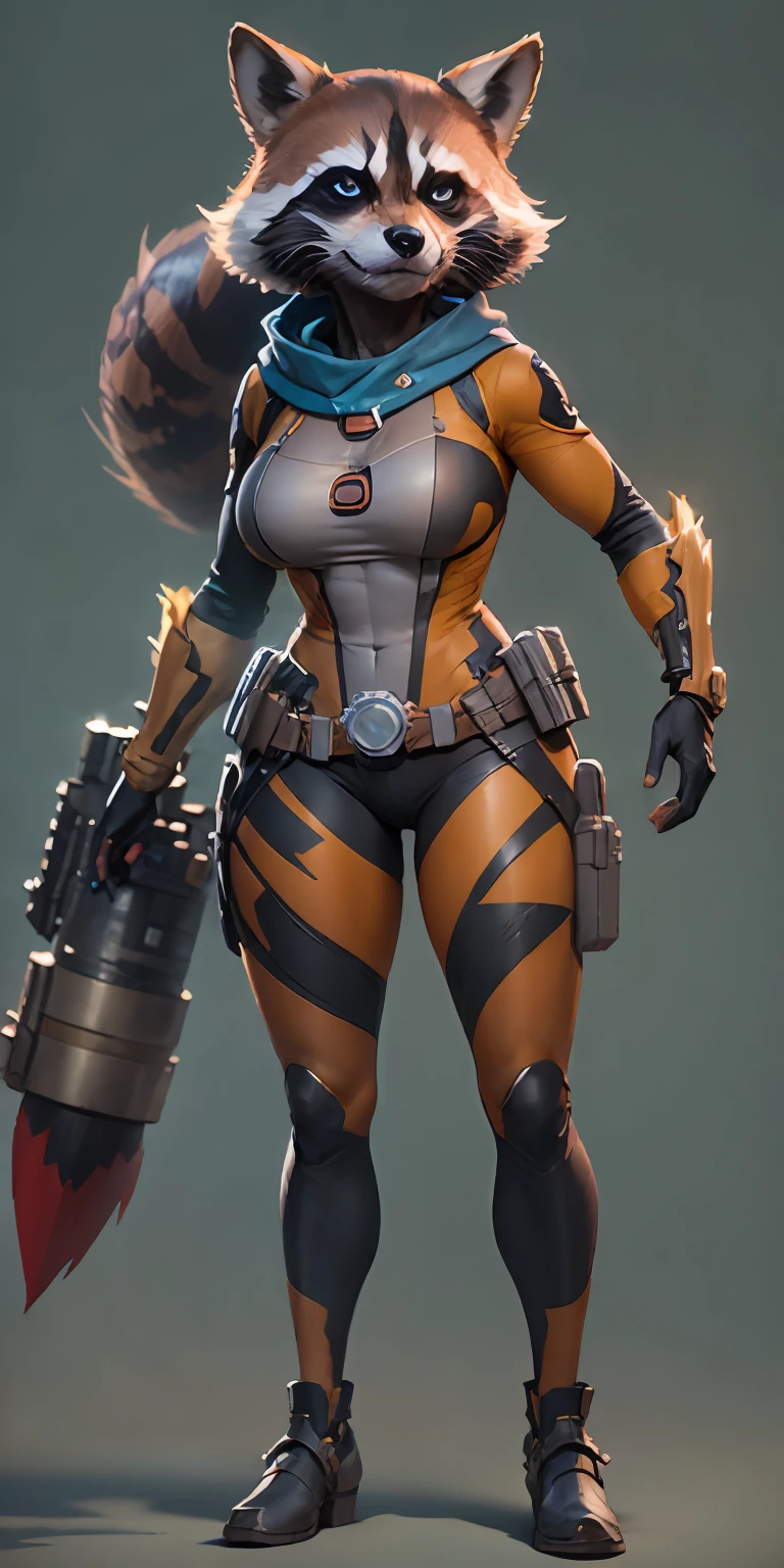 female Rocket Raccoon from Marvel, big breasts, frontal, full-length, looking at the camera, facing the audience, standing pose, technological background, three-dimensional light, detailed full-body concept, sleek digital concept art, beautiful full-body concept art, art trend, CGsociety full-length,
