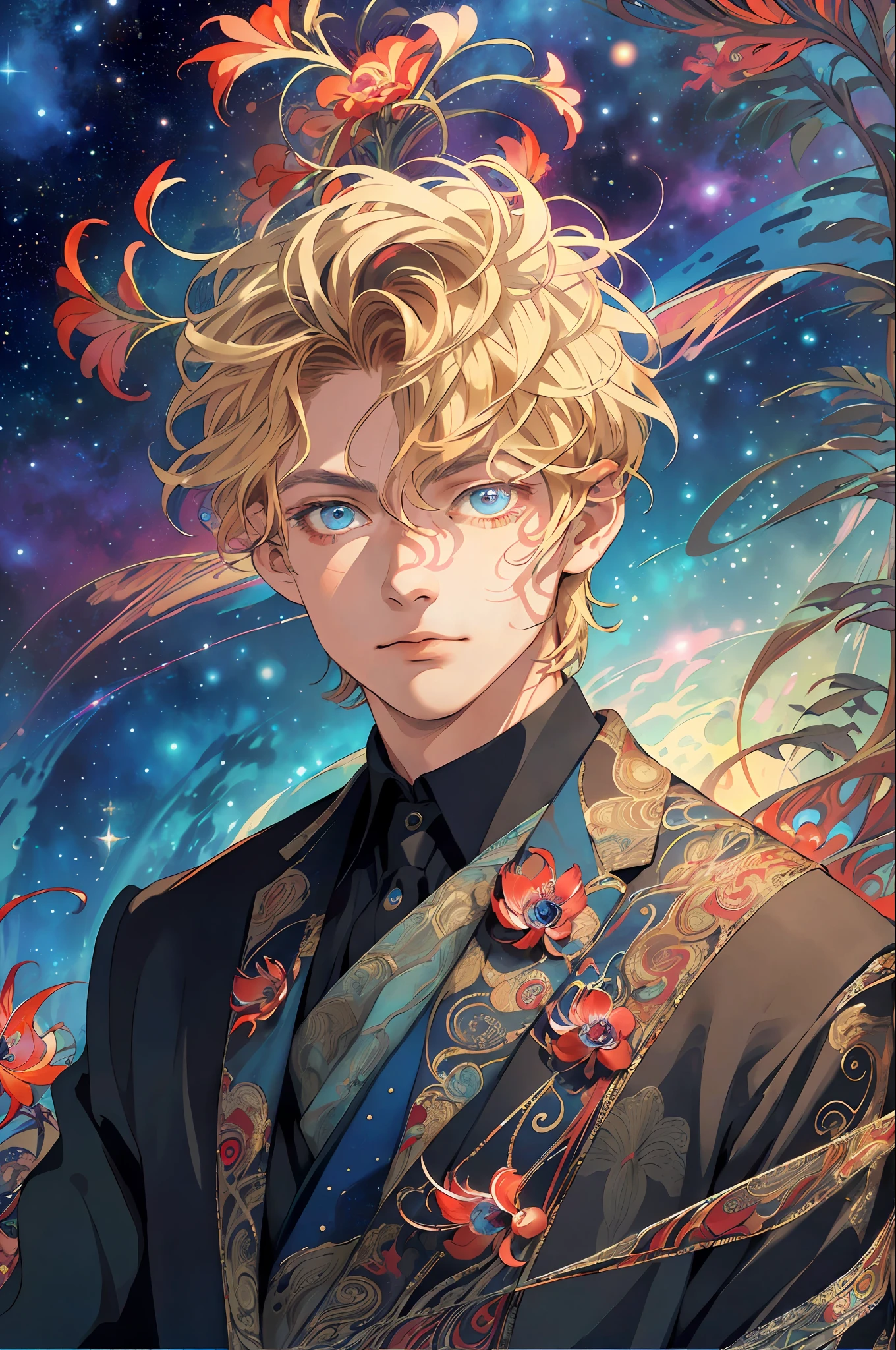 Realistic, (Masterpiece, Top Quality, Best Quality, Official Art, Beauty and Aesthetics: 1.2), Very Detailed, Fractal Art, Colorful, Most Detailed, Zentangle, (Abstract Background: 1.5) (1boy: 1.3), God, Blonde Hair, Short Hair, (Glowing Blue Eyes), Mysterious, Starry Sky, Handsome Man, (((Lycoris radiata)))