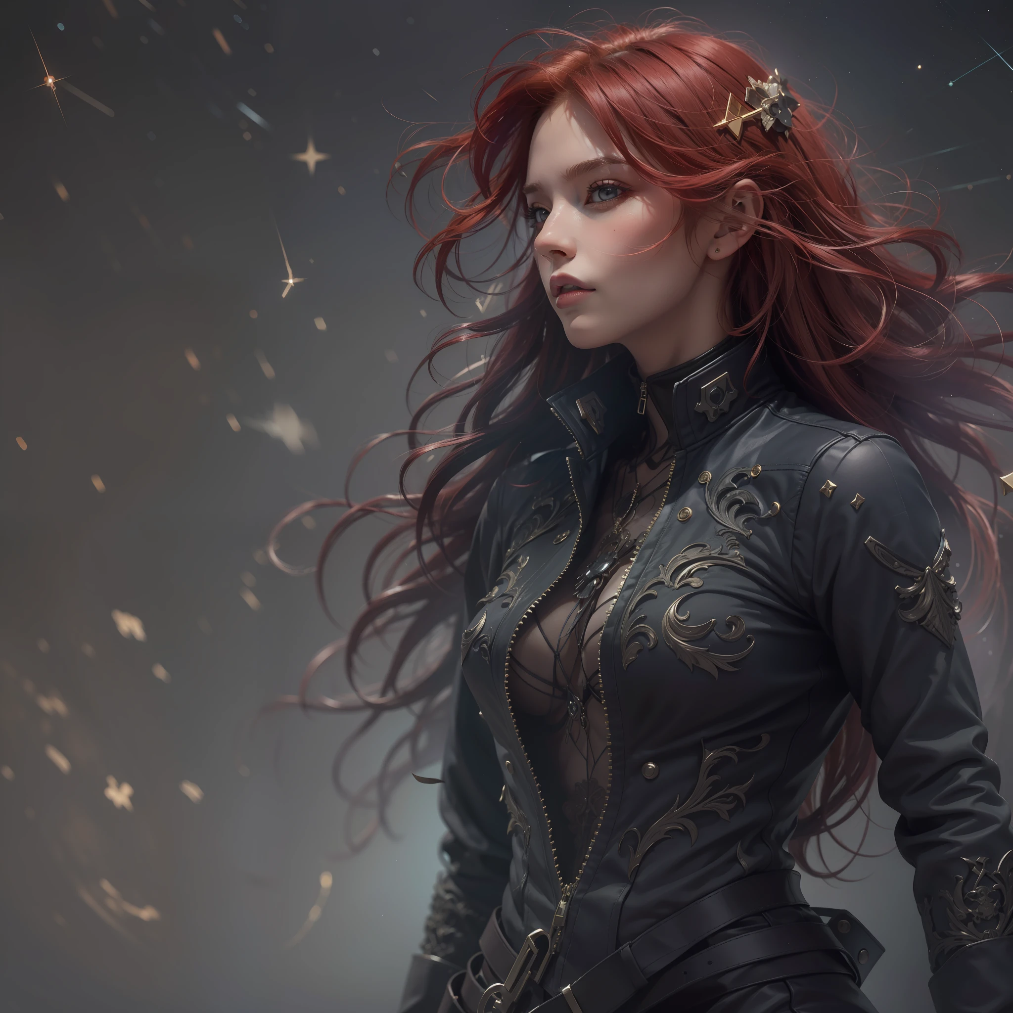 "(((obra-prima))), melhor qualidade, ultra-detallhado, High resolution CG image with a beautiful woman with red hair with bright violet eyes like detailed constellations, retratados em detalhes fascinantes. rosto delicado, closed lips and realistic eyes, His delicate body is accurately represented at every angle. Ela possui longos cabelos ruivos que caem suavemente sobre sua jaqueta de couro preta. The upper part of his body is sculpted to perfection. "